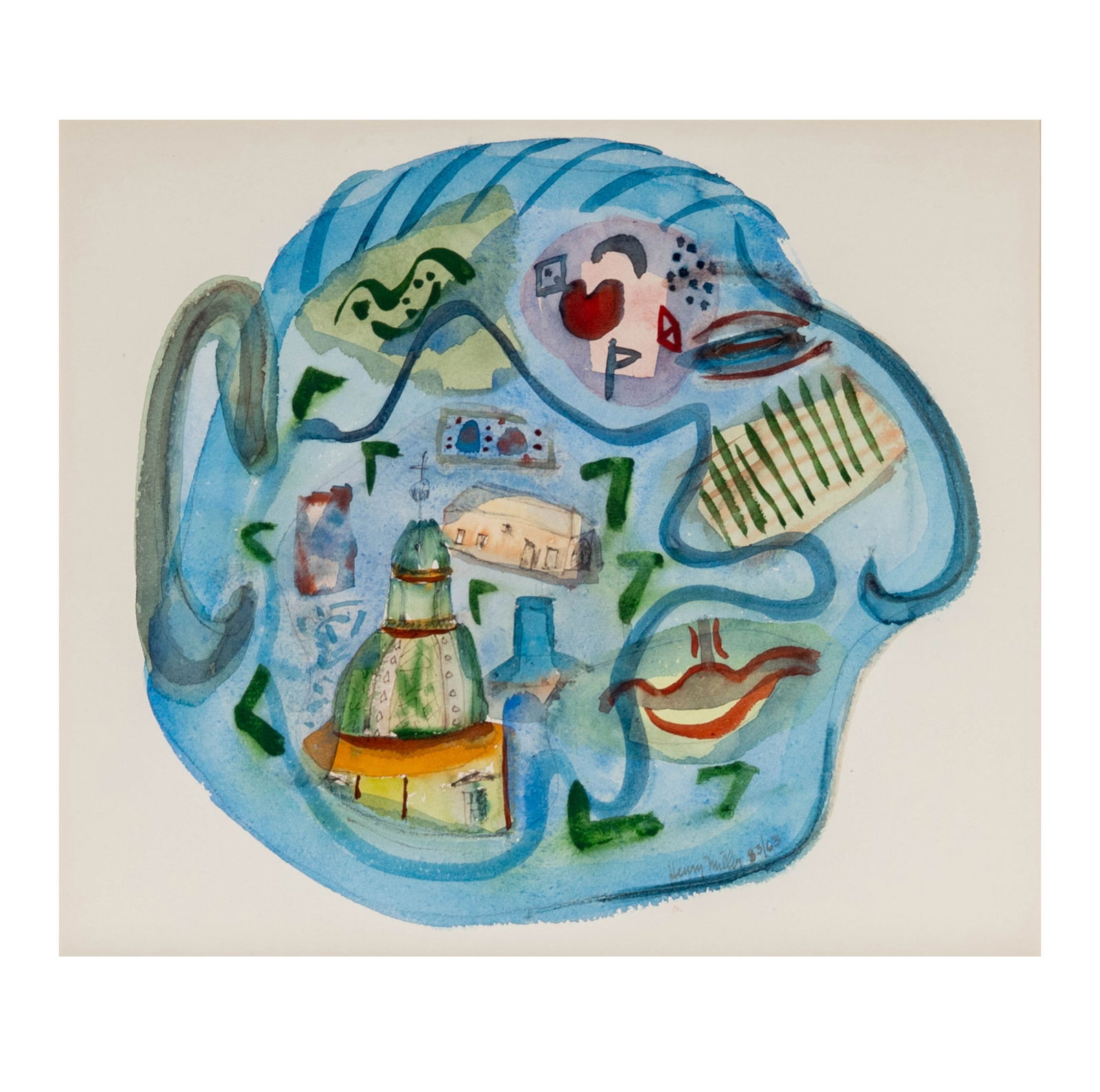 Henry Miller (1891-1980): Blue Head: watercolor, signed lower right: "Henry Miller 83/63", Frame size: 17 x 20 inches 