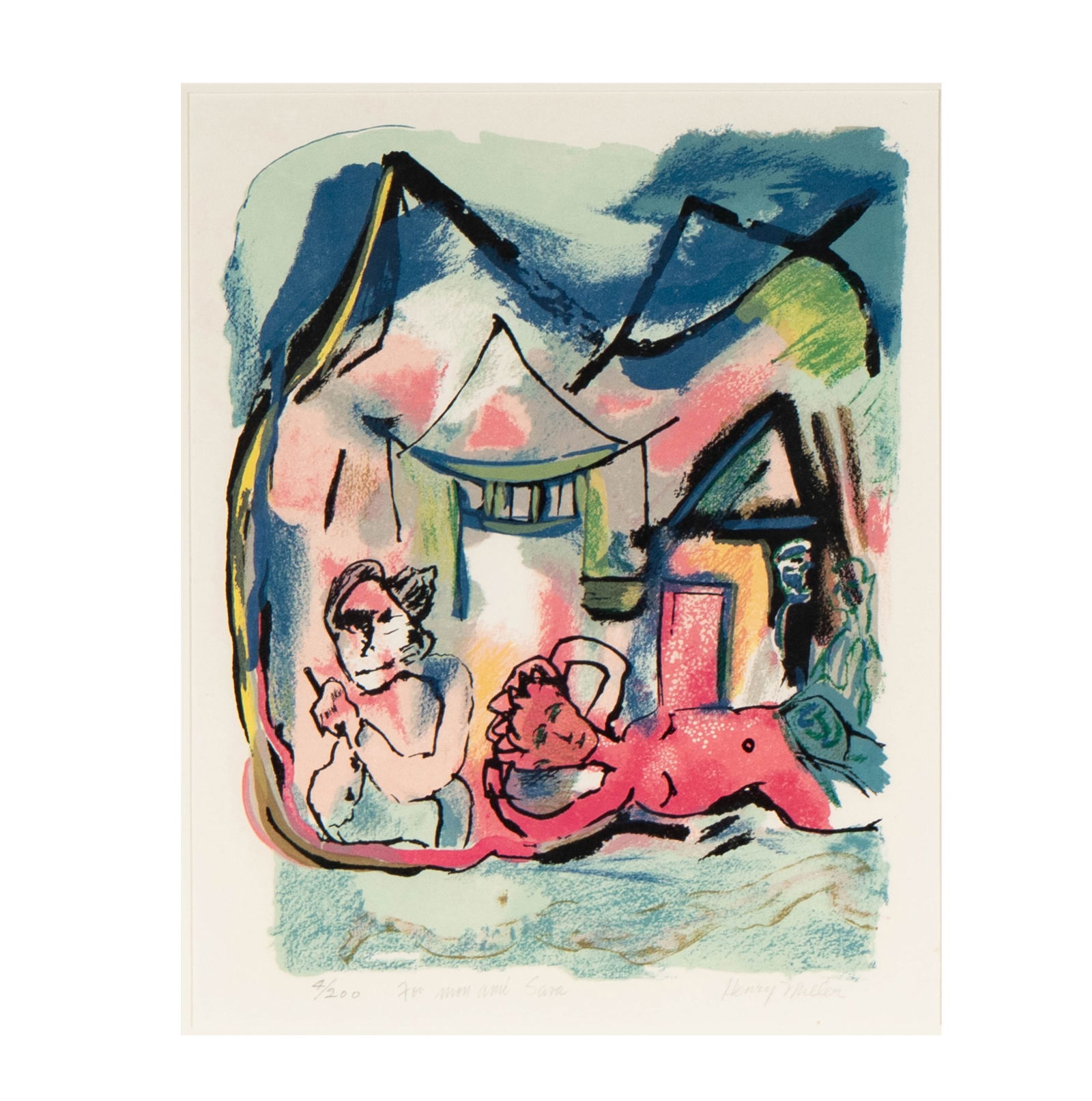 Henry Miller (1891-1980): Abstract Group Scene: signed lower right, numbered 4/200 lower left, noted "For Mom and Sara", Image size: 14 x 10.75, The frame: 25 x 21.5 in. 