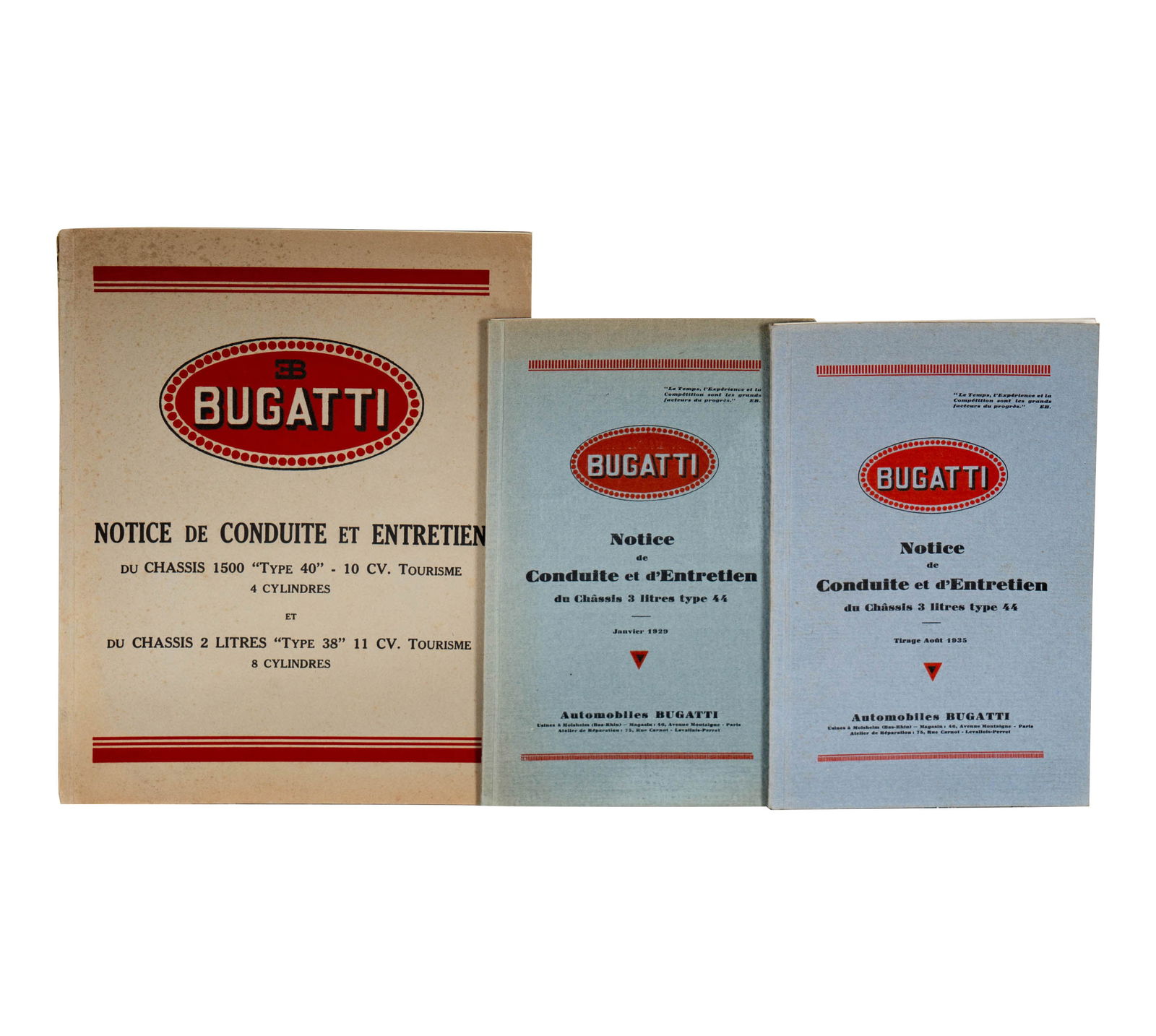 Three Vintage Bugatti Manuals: including: Notice de Conduite et d'Entretien du Chassis 3 litres type 44 (1935), Notice de Conduite et d'Entretien du Chassis 3 litres type 44 (1929) and Notice de Conduite et d'