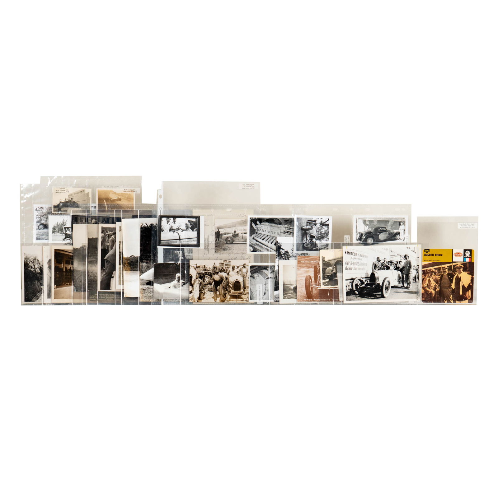 Large Collection of Vintage Bugatti Photographs including Index Card: including an Ettore Bugatti Index Card and many other vintage photographs and ephemera from the archives of the Mullin Automotive Museum