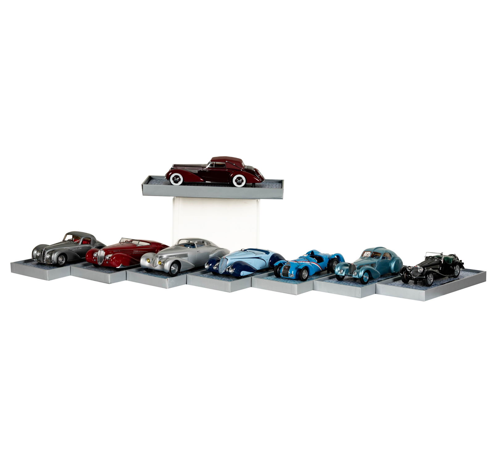 8 Mullin 1:18 Scale Automotive Museum Minichamps Display Models: each open as a display model for the Mullin Automotive Museum, Average measurement of each: 3.5 x 14 x 6 in., Delage D8-120 is larger