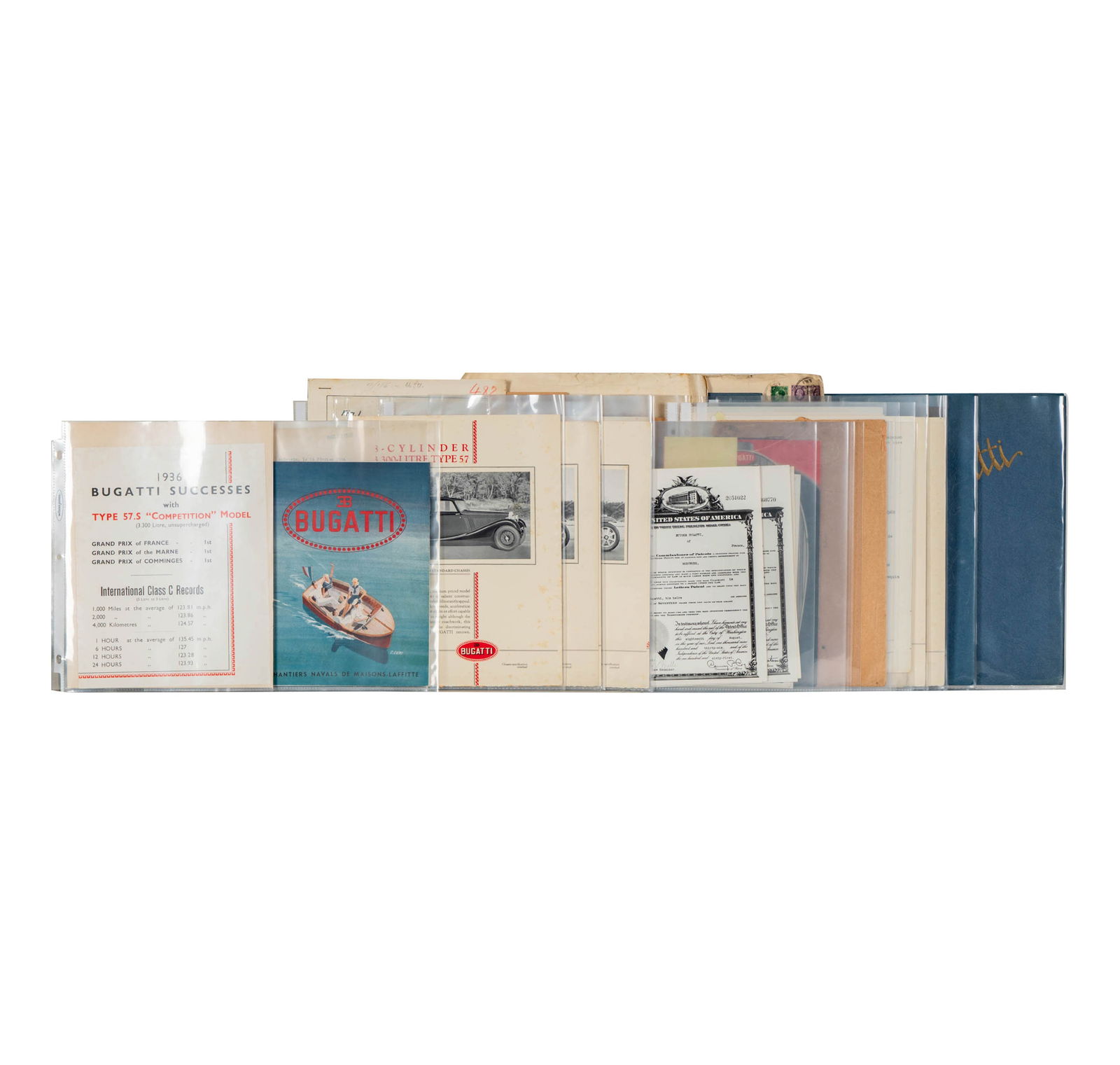Binder of Bugatti Ephemera from the Keoshian Collection: approximately 50 items related to Bugatti automobiles, The binder: 13.5 x 12 x 2.5 in. 