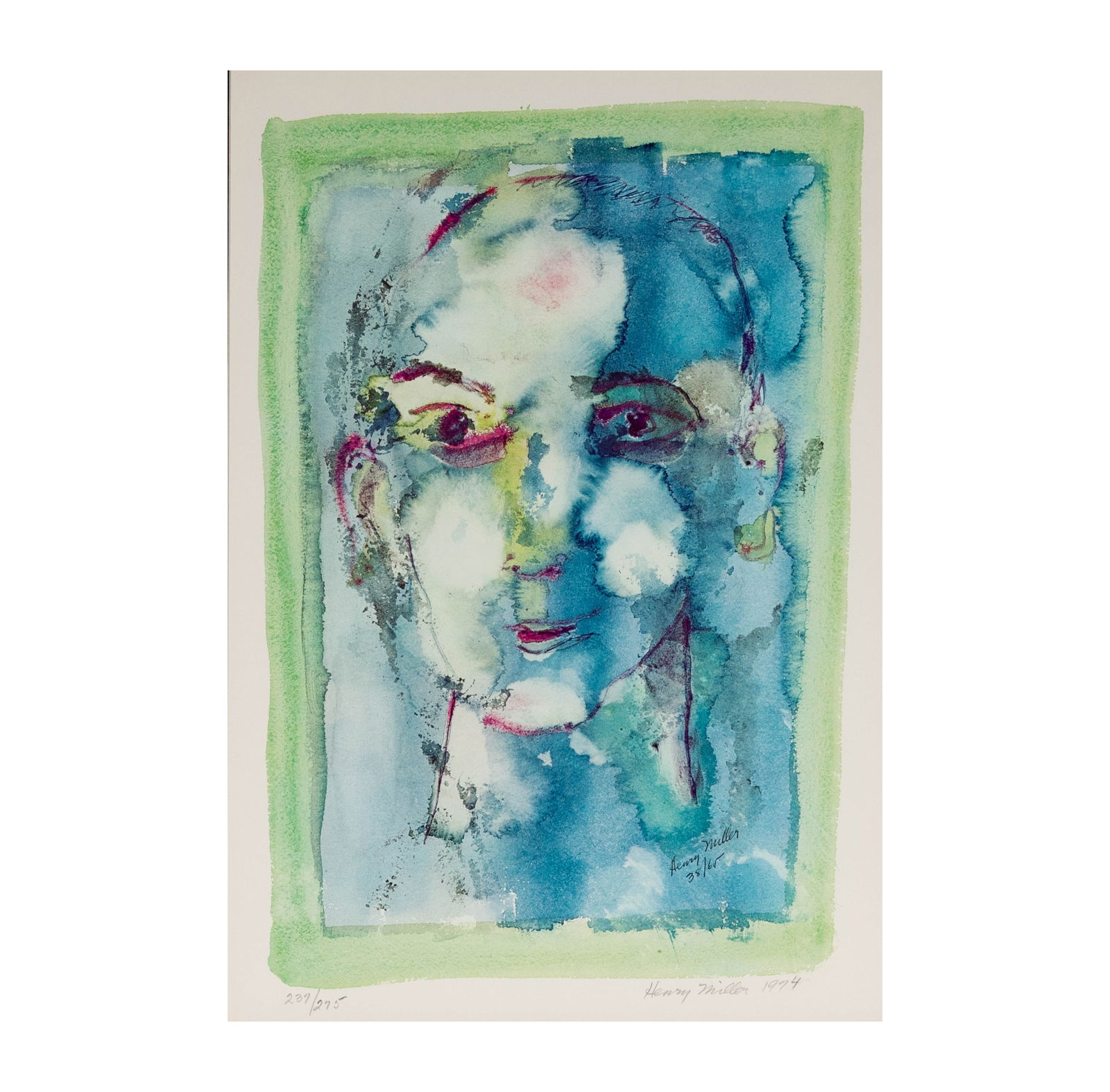 Henry Miller (1891-1980): "Blue Face": Kubo Collection Serigraph, signed in pencil and dated 1974 lower right, numbered 237/275 lower left, Image size: 18 x 12 inches, Frame: 29.5 x 23 in. 