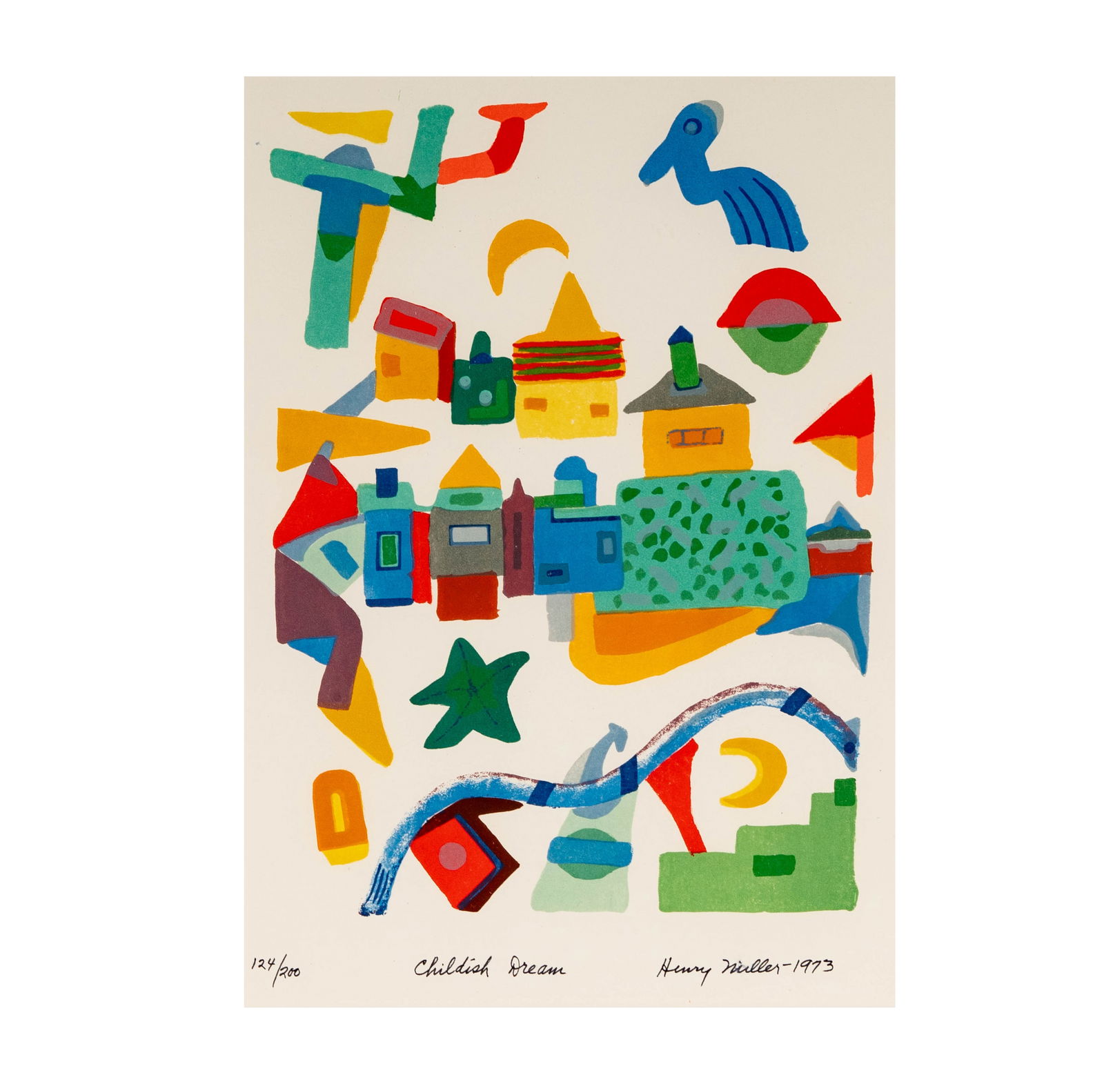 Henry Miller (1891-1980): "Childish Dreams": Kubo Collection Serigraph, signed and dated 1973 lower right, titled lower middle, numbered 124/200 lower left, Image size: 14 x 10 in., Frame: 24 x 20 in. 
