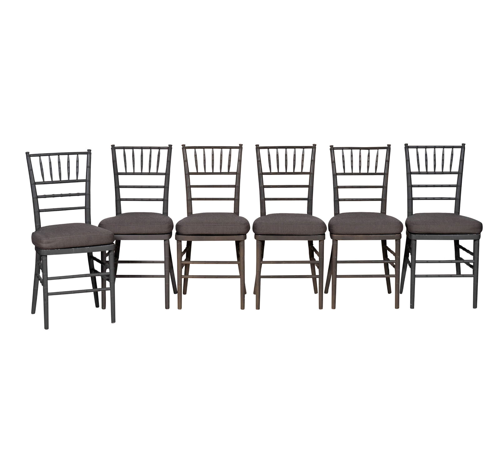 A Set of Six Chiavari Gray Painted Stackable Chairs with Cushions: “Mono-Frame” Resin Chiavari Chairs with seat cushions, 36 x 17 x 16 1/2 in., Seat Height: 20 in.