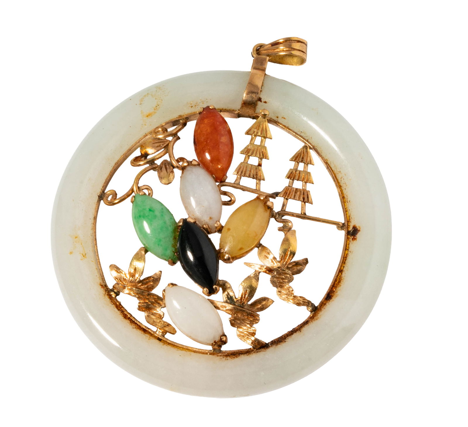14 Karat Yellow Gold Jade Circle Pendant: including one 14 karat yellow gold accented jade pendant with multiple multi-colored jade stones, pendant measuring 2-1/2 inches tall including bale, weighing 22.7 grams; 