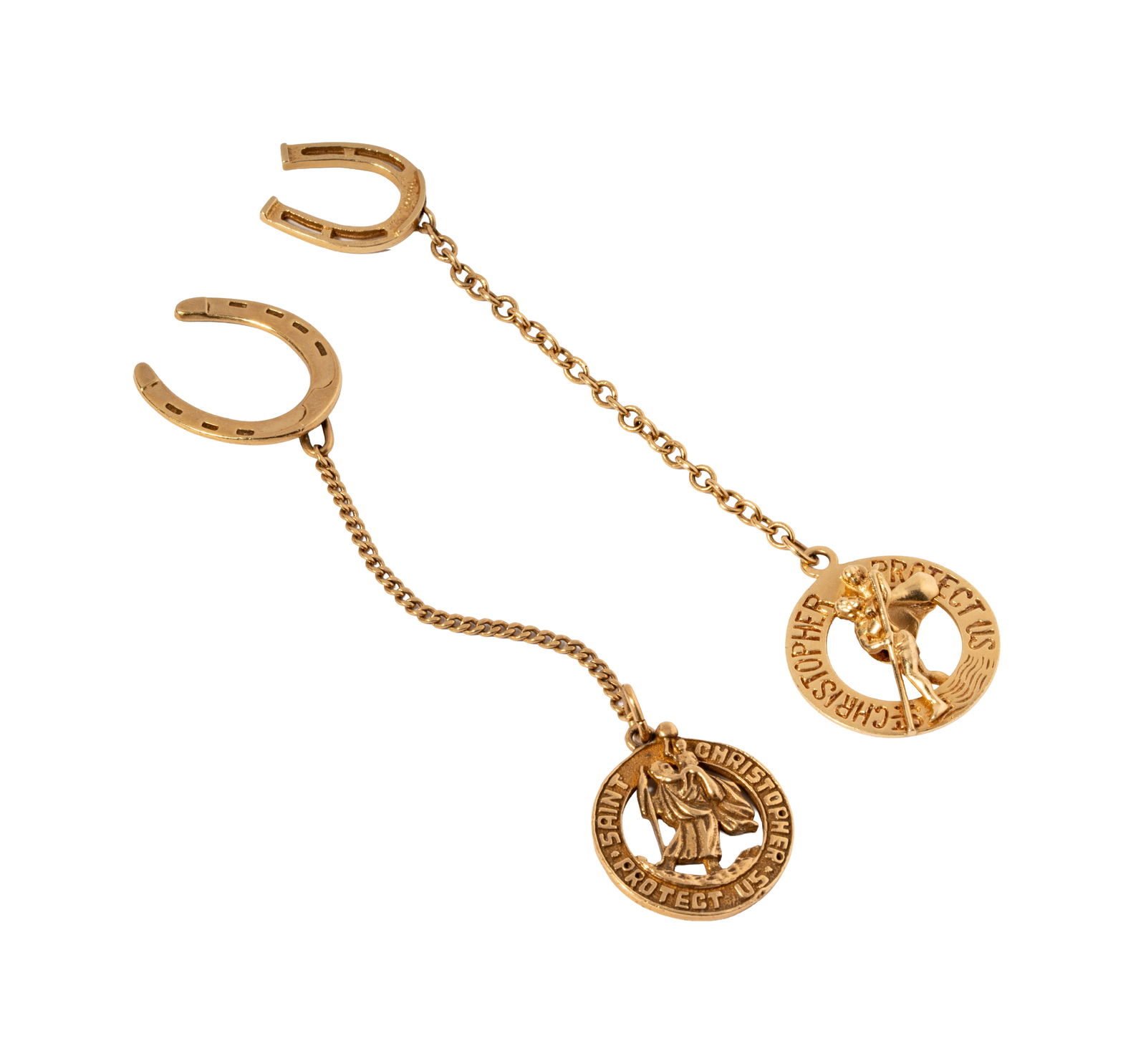 Two 14 Karat Gold Saint Christopher 'Good Luck' Charms: Including two good luck charms, both measuring about 4-1/2 inches long, weighing 17.1 grams;