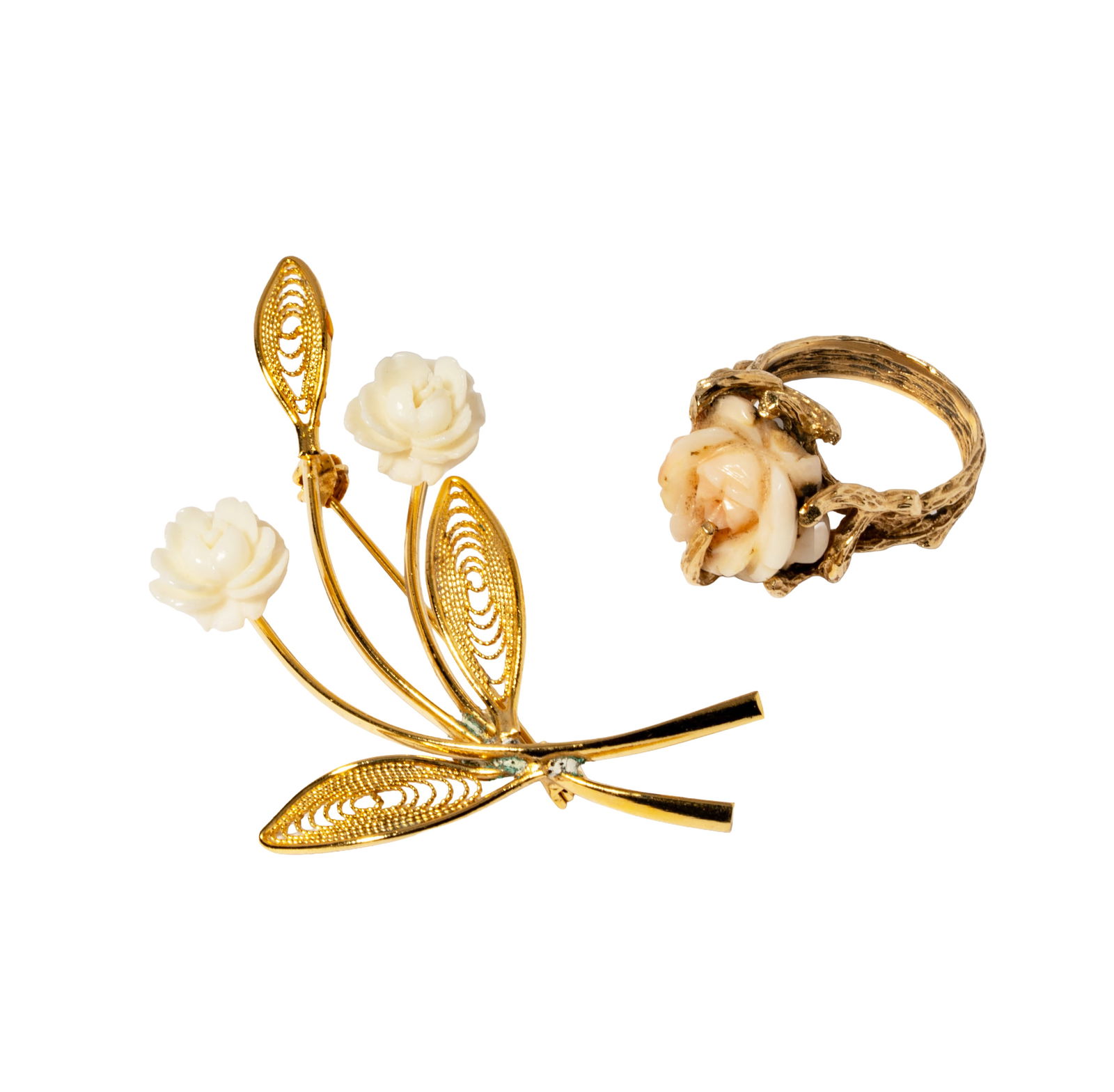 One 14 Karat Gold and Coral Rose Ring With Costume Brooch: including one gold-tone Japanese flower brooch and one 14 karat yellow gold carved coral ring; ring size: 7-1/4, weighing 7 grams;