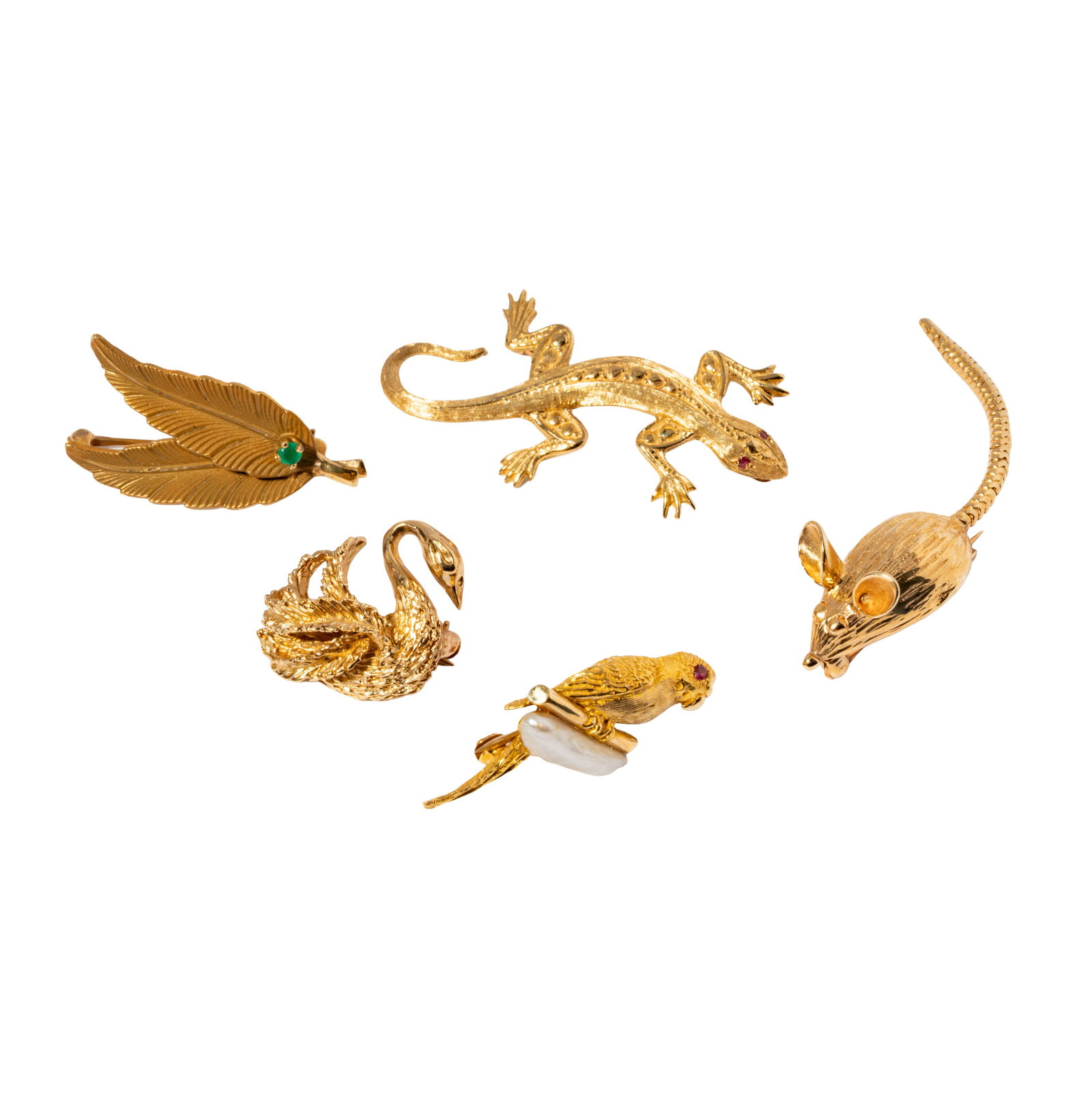 Group of Five 14 Karat Yellow Gold Animal and Leaf Brooches (1 of 12)