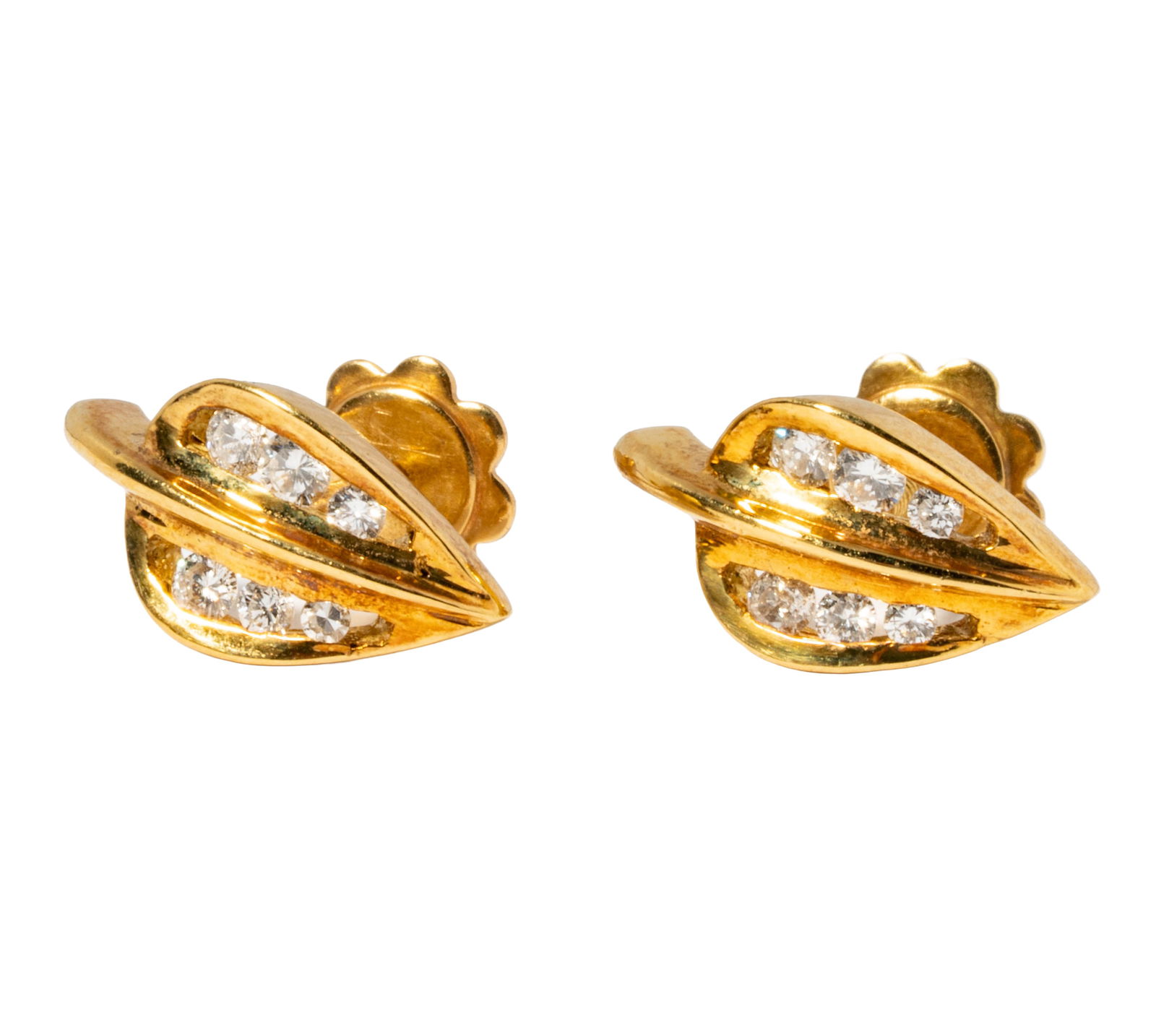 18 Karat Gold Diamond Leaf Earrings: set with 12 small round diamonds weighing approximately 0.30 carats; earrings 14.80mm measuring and weighing 3.9 grams;