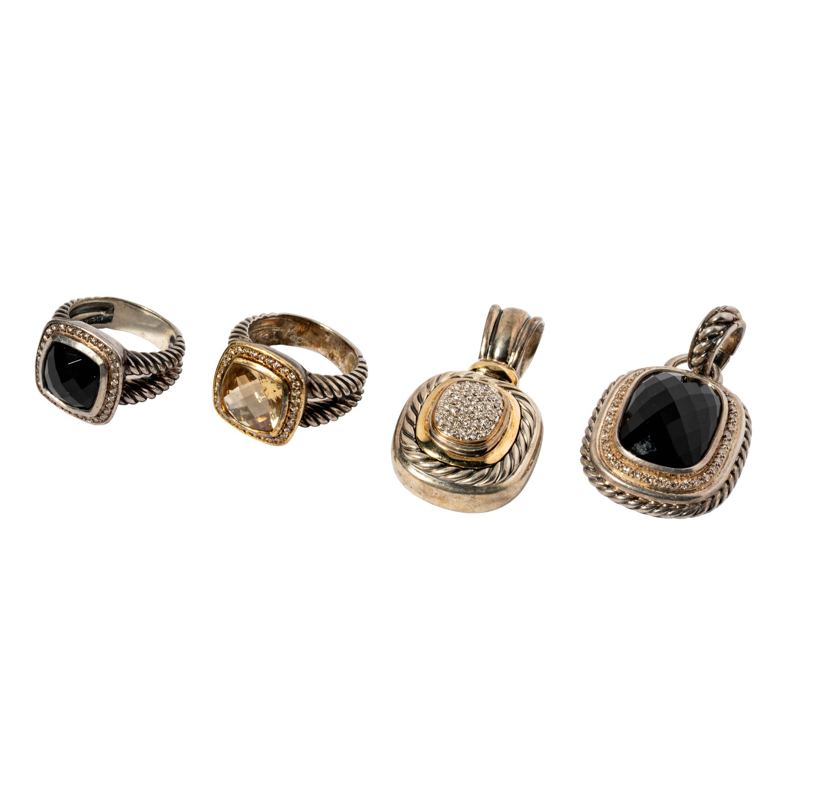 David Yurman 18 Karat Yellow Gold, Sterling Silver, Gem-set Pendants and Rings: Including two sterling silver, 18 karat yellow gold gem-set rings and two pendants;