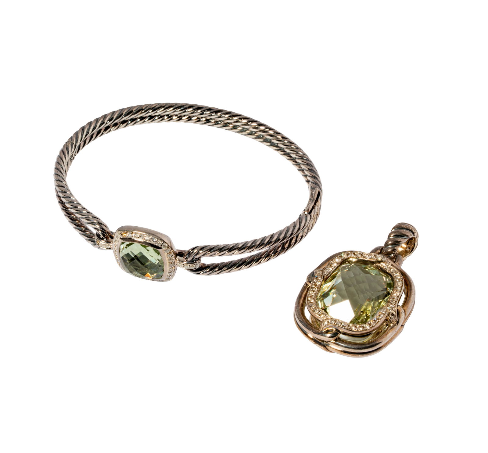 David Yurman Sterling Silver Diamond, Prasiolite, Bangle and Pendant: including one bangle and one pendant