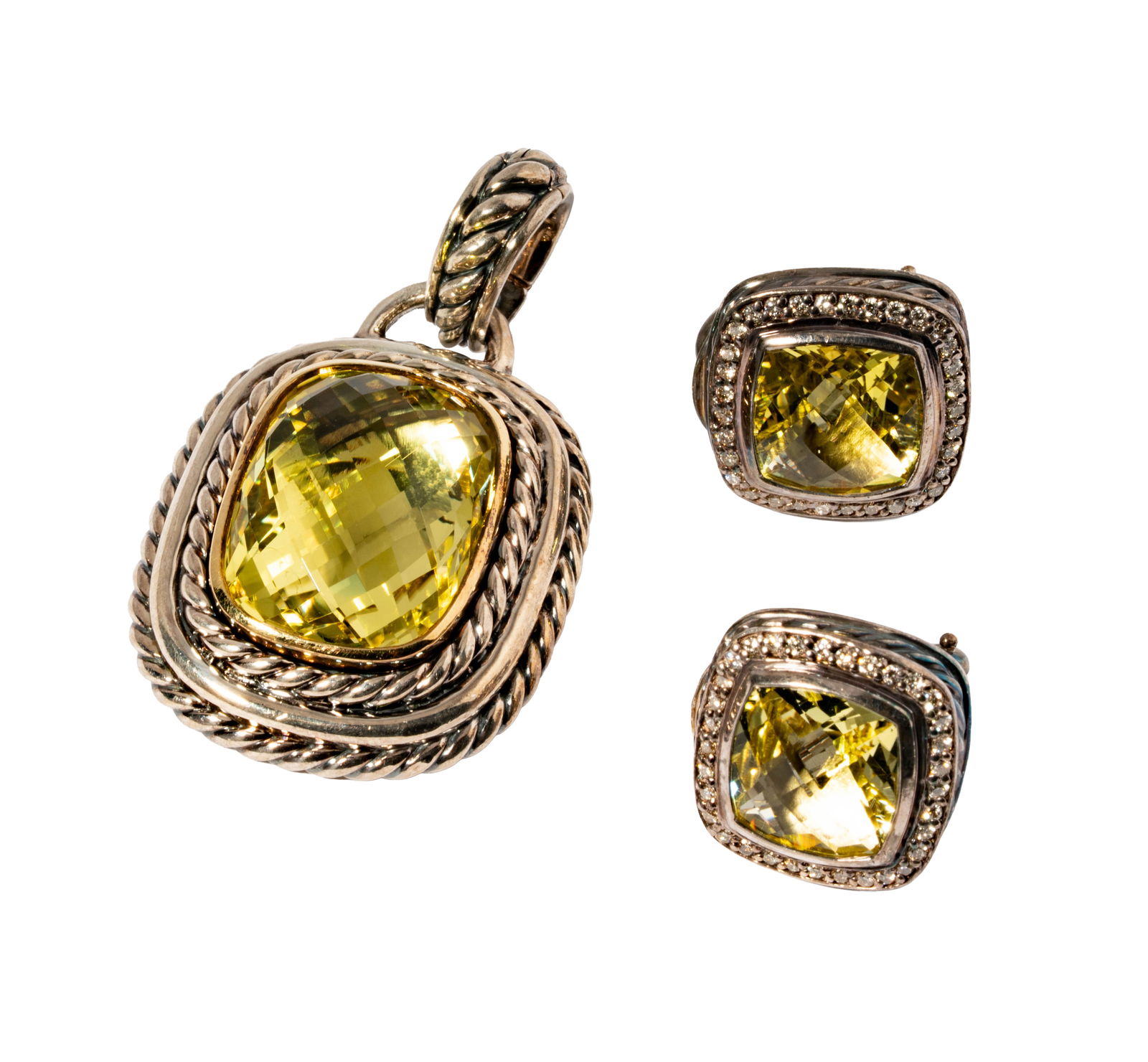 David Yurman Sterling Silver, 18 Karat Yellow Gold, Diamond, Lemon Quartz, Earrings and Pendant: Including one pendant and one pair of earrings