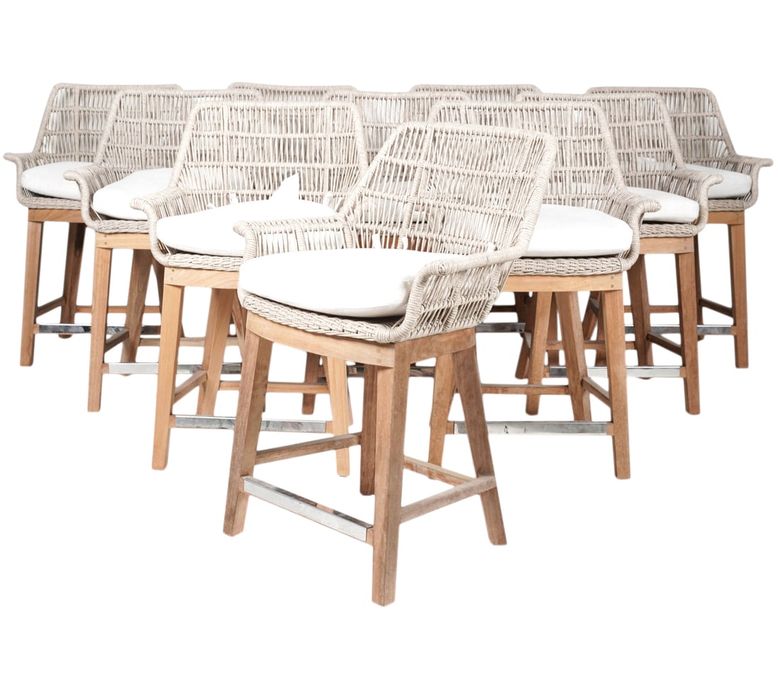 Set of Ten Palecek Counter Stools: jute rope, wood, chromed metal, fabric; 35 1/2 x 24 x 23 in., seat height including cushion: 24 in. 