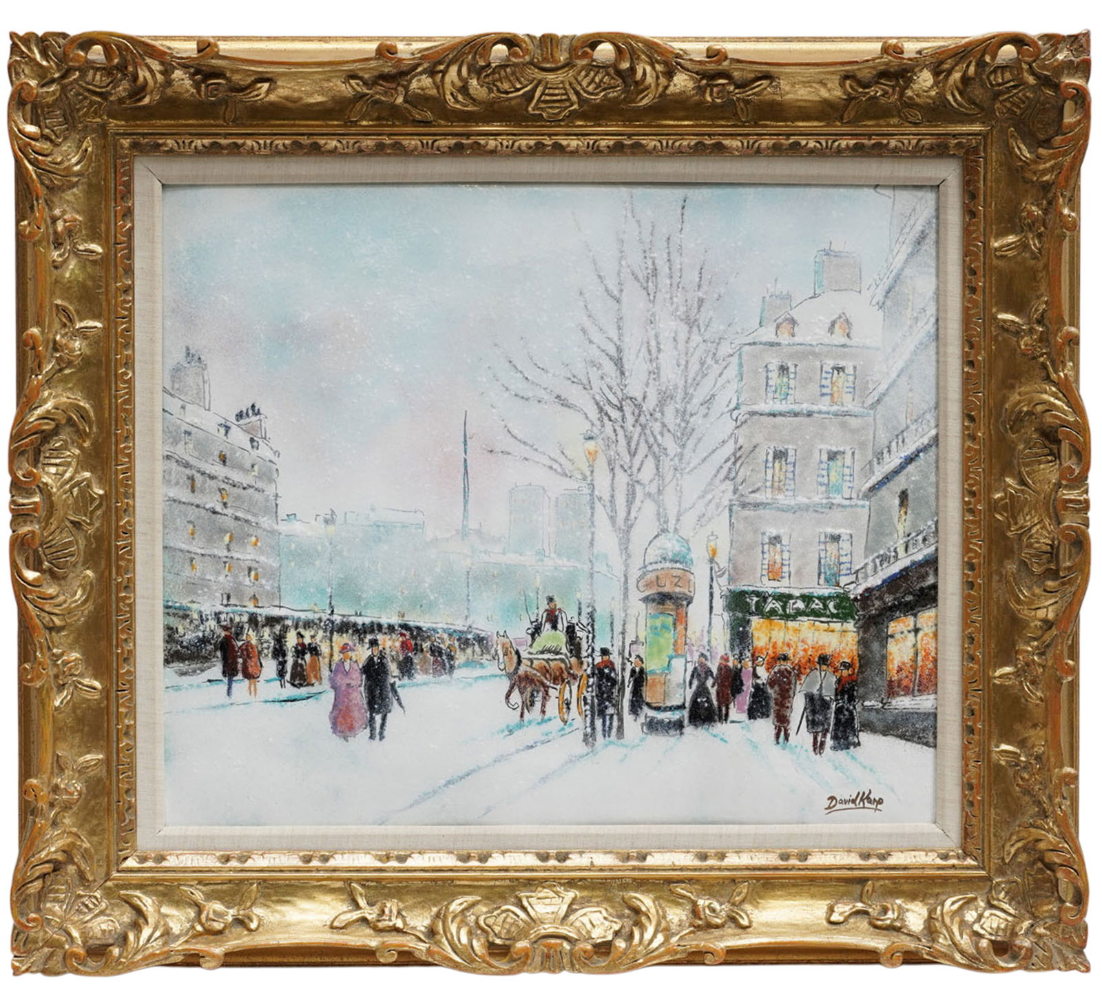 David Karp (20th Century), Parisian Winter Street Scene: enamel on copper, signed lower right, 20 1/4 x 23 3/4 in., frame: 28 x 32 in.