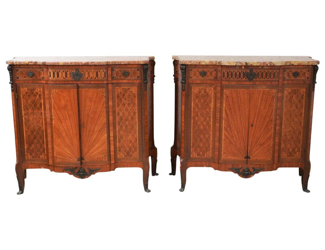 Pair of Louis XV-Style Marble-Top Parquetry Cabinets: 42 1/2 x 46 1/2 x 18 1/2 in.