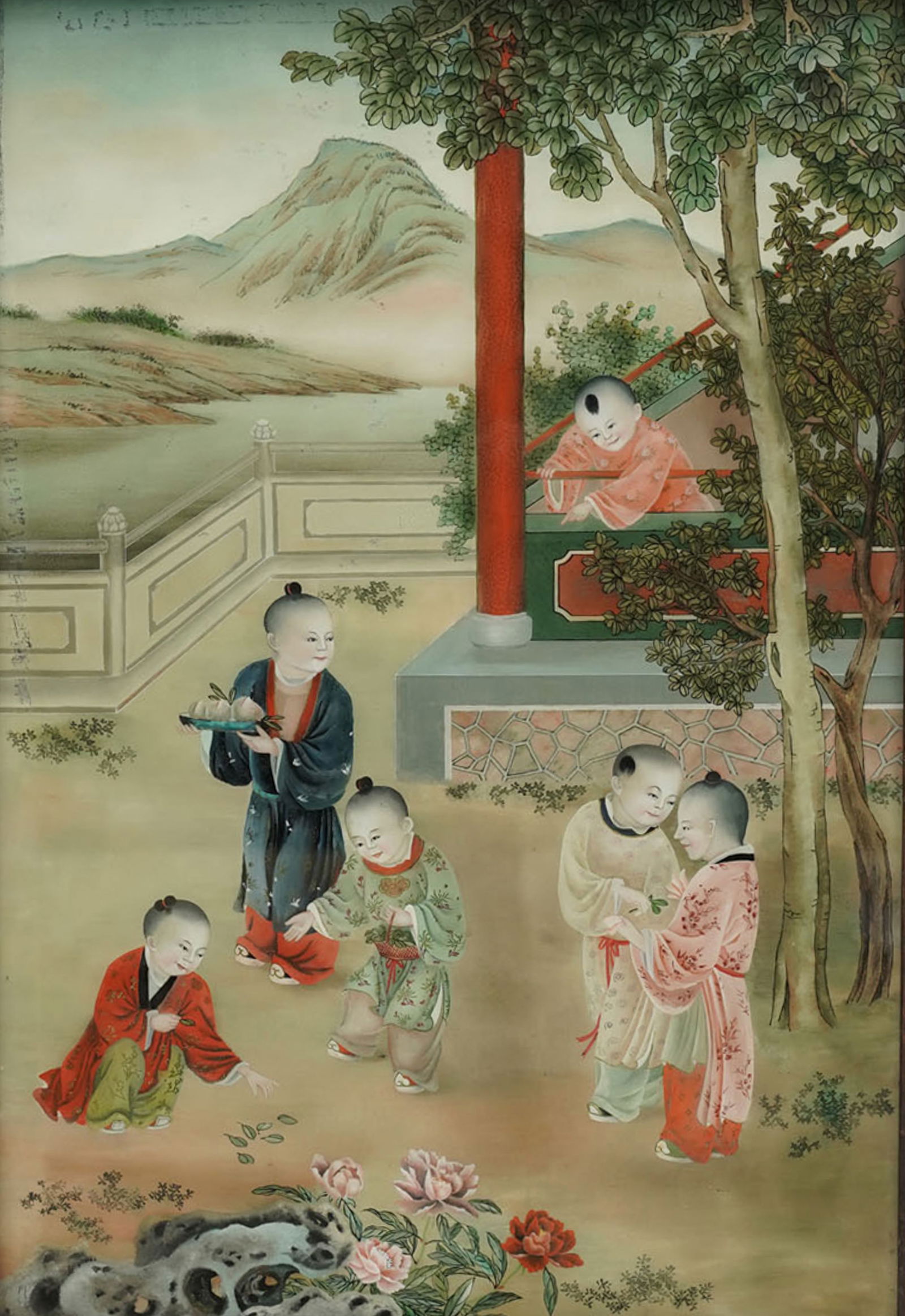 Chinese Eglomise Panel: in a hardwood frame; Frame: 29 1/2 x 20 3/4 in.