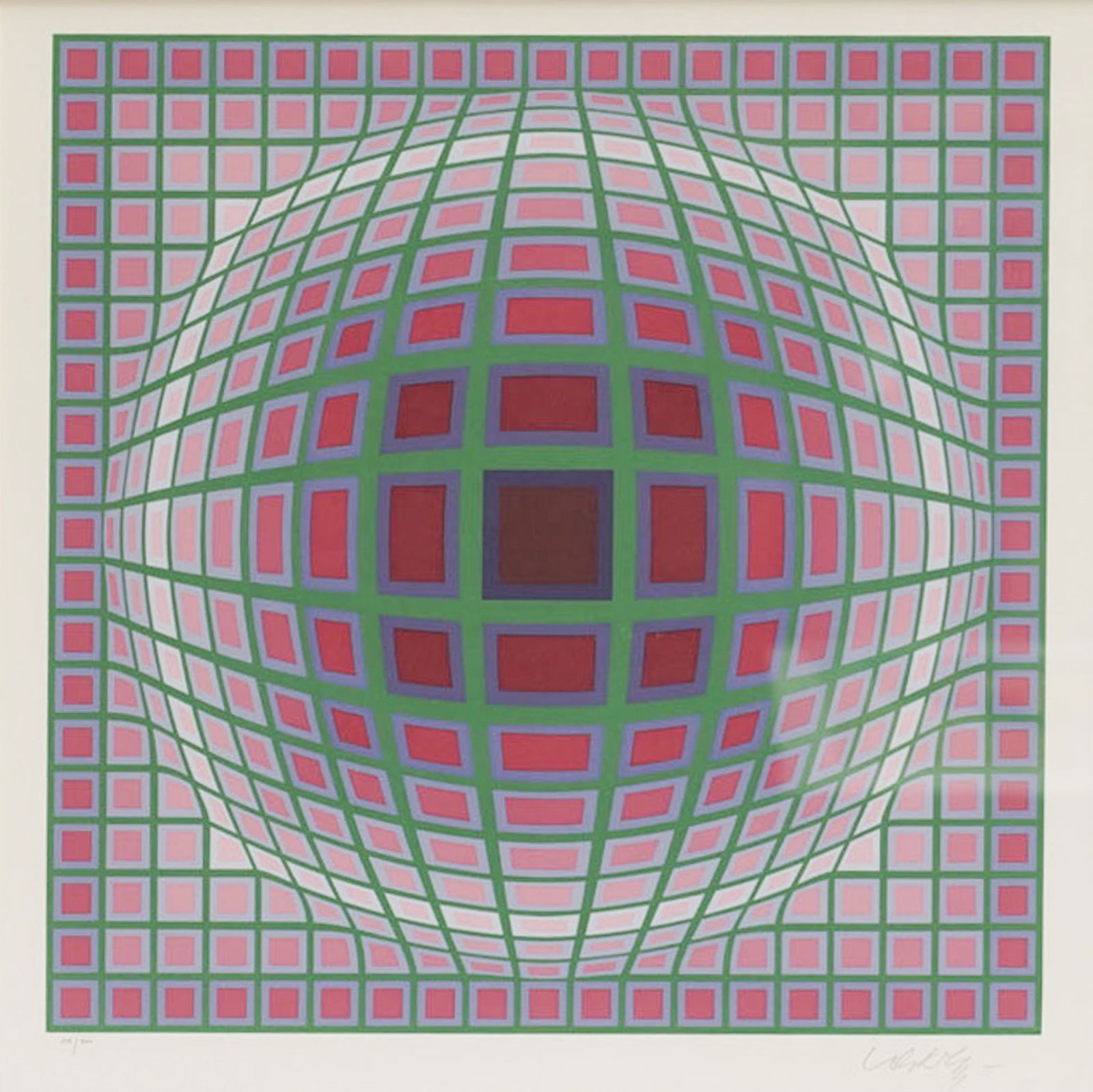 Victor Vasarely: Abstract: screenprint in colors on wove paper, ed. 215/300, signed and numbered in pencil to lower margin, image: 15 3/4 x 15 3/4 in., sight: 17 1/2 x 17 1/2 in frame: 28 1/2 x 28 1/2 in. 