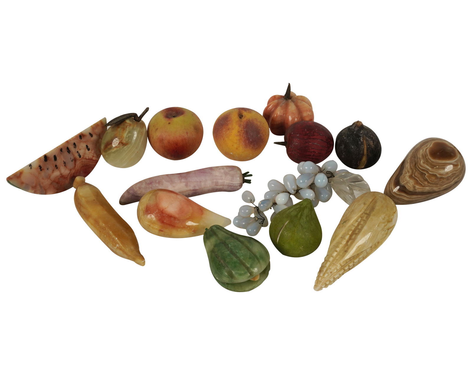 A Group of Carved Stone Fruit: comprising 15 pieces, Watermelon slice: 2 1/4 x 6 1/4 x 1 3/4 in. (5.7 x 15.9 x 4.4 cm.)