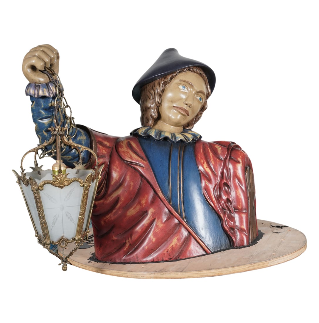Italian Carved and Polychromed Wood Figural Lantern: mid 20th century; the half-figure suspending an etched glass and brass-finish metal shade, and mounted to an oval wooden panel