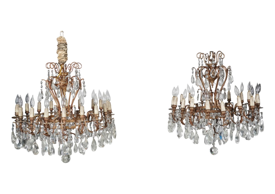 Pair of Crystal and Gilt Metal 18-Light Chandeliers: 40 x 32 in.