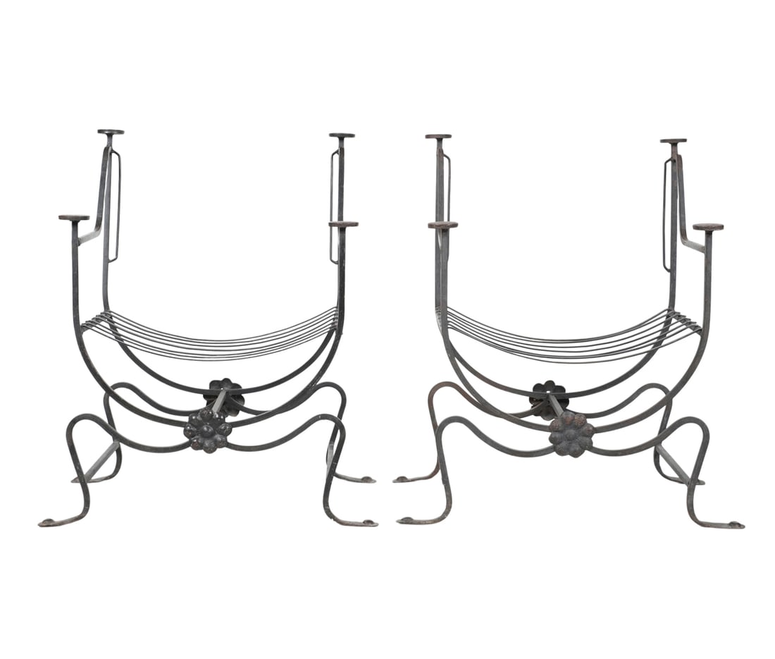 Pair of Spanish Baroque-Style Curule-Form Wrought Iron Chairs: 33 x 30 x 19 in.