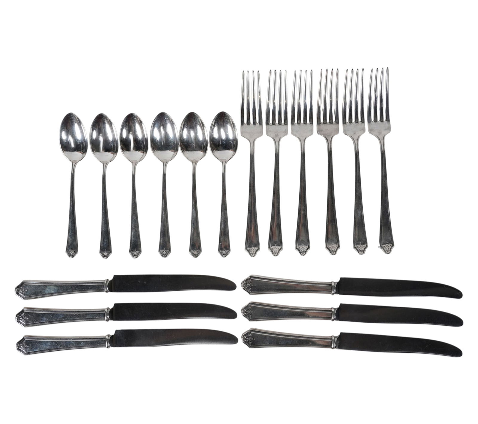 Jennings / International Silver Co. Rosalind Sterling Flatware Service: pattern introduced 1921; a partial service comprising six forks (7 1/4 in.), six teaspoons (5 3/4 in.), and six stainless steel-bladed knives (8 3/4 in.); marked "J.S. Co." (for Jennings