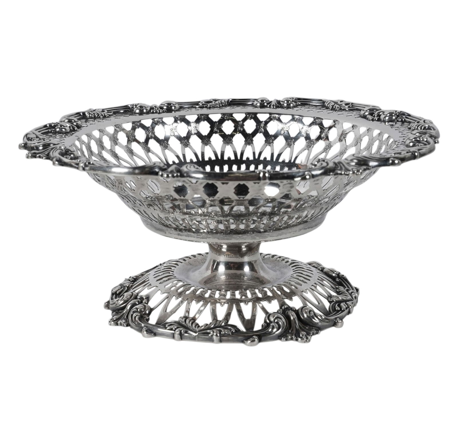 Frank Herschede Co. Sterling Compote: with reticulated bowl; with maker's marks and further marked "Sterling" and "5288x", Approximately 267 grams, 3 1/4 x 7 3/4 in.