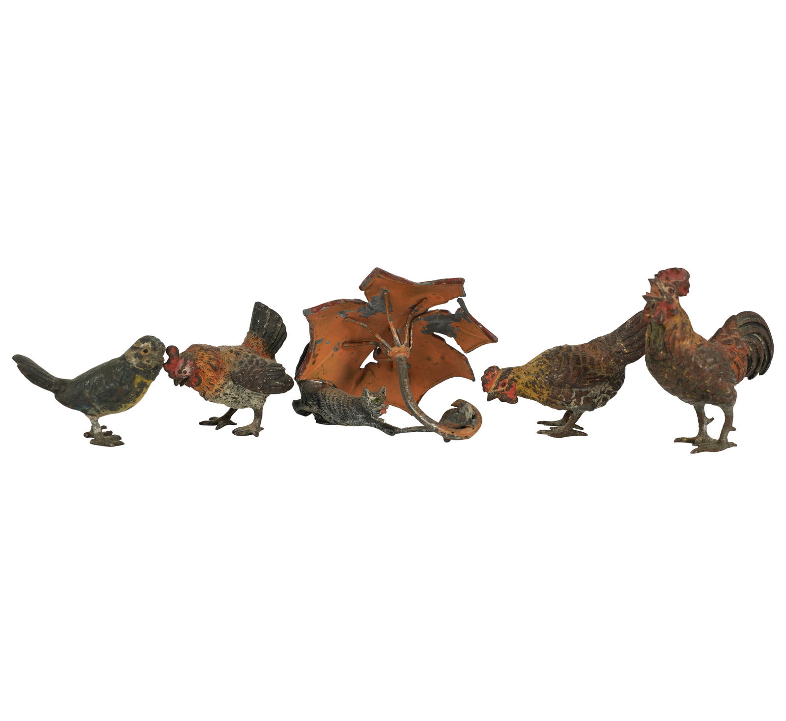 A Group of Vienna Cold-Painted Bronze Animals: comprising five pieces, tallest rooster: 2 x 0 3/4 x 2 in. (5.1 x 1.9 x 5.1 cm.)