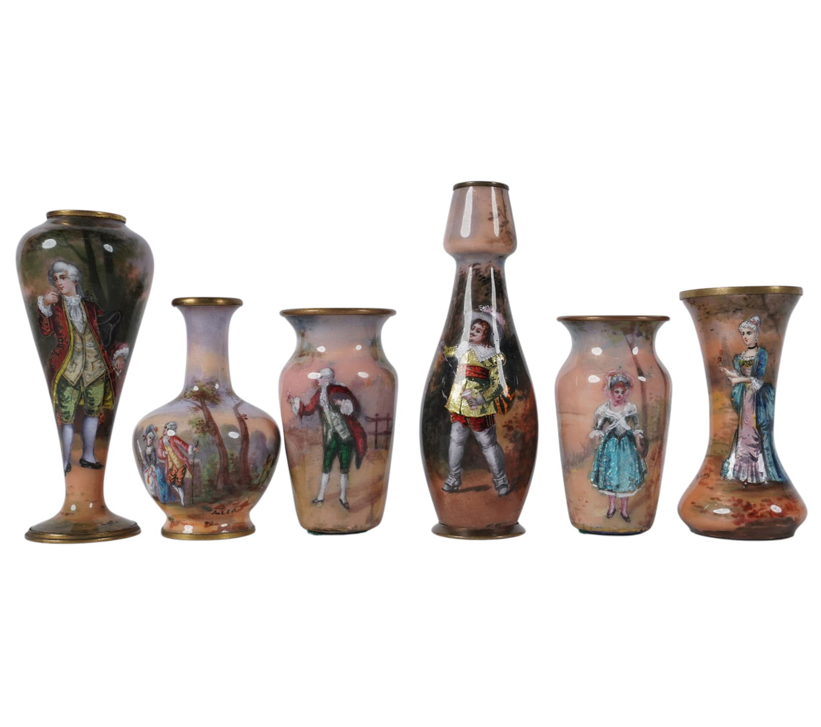Six French Enamel Miniature Vases: 19th century, enamel on copper, Ranging from 2 3/4 in. (7 cm.) high to 4 3/4 in. (12.1 cm.) high,