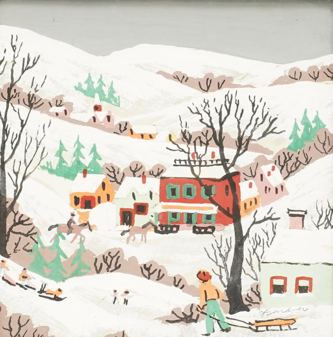 American School: Winter Landscape: on paper; signed, Sight: 5 1/2 x 5 1/2 in. (14 x 14 cm.), Frame: 11 1/4 x 11 1/4 in. (28.6 x 28.6 cm.)