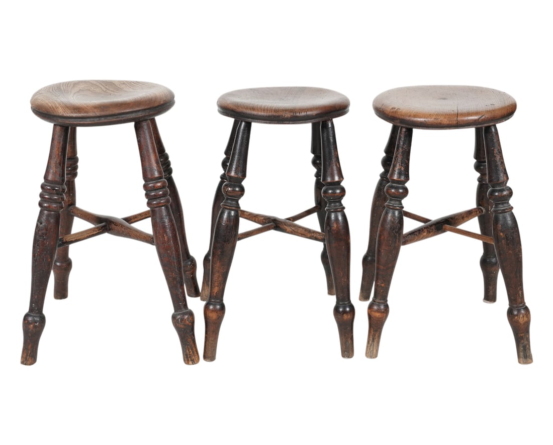 Three Antique English Stools: each on four turned legs with "X" stretcher, Each 21 x 13 1/2 x 13 in., Seat: 11 in. dia.