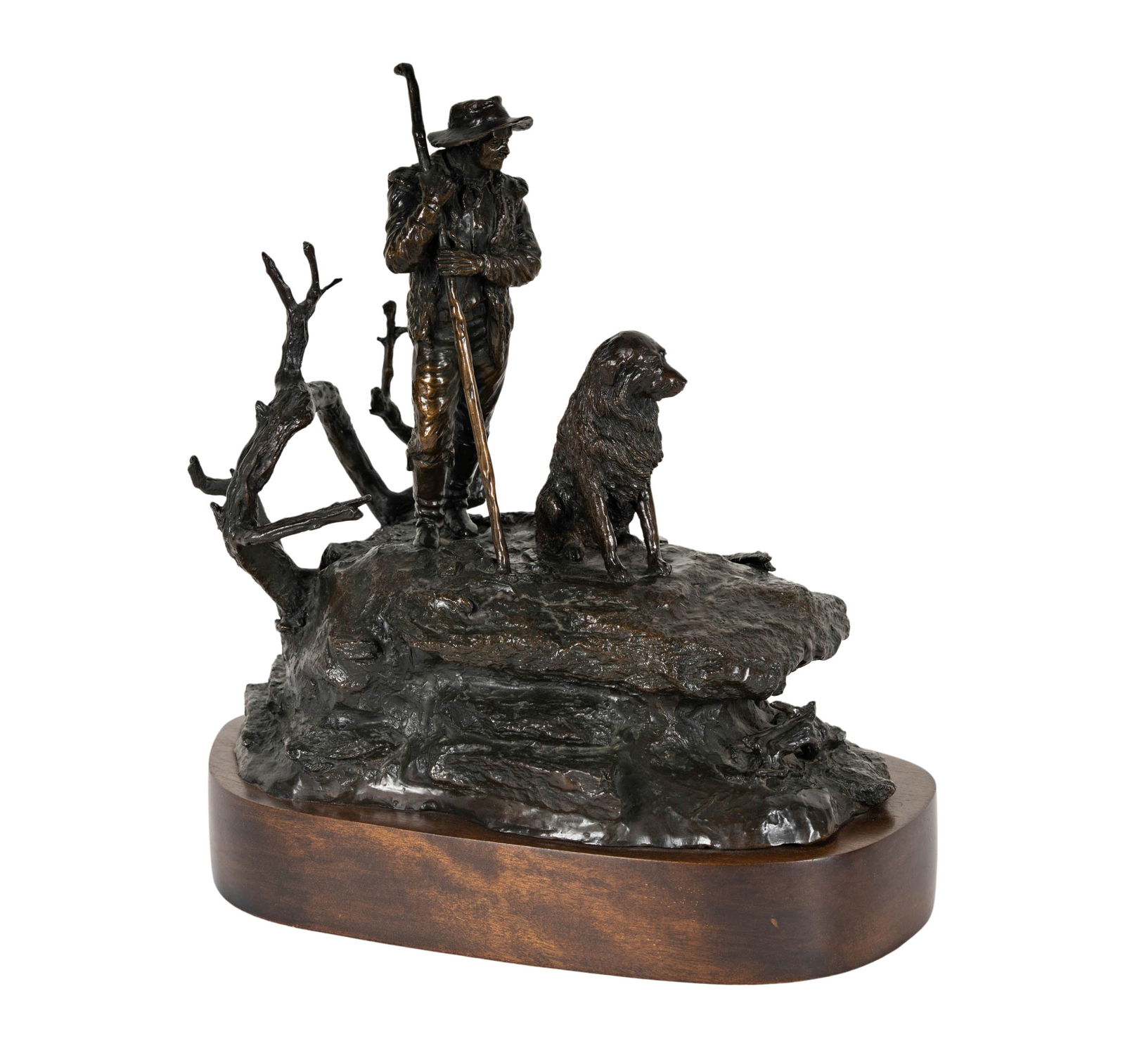 Lathrop Bullene (1925-2011) Man and Dog: patinated bronze, mounted to wooden plinth, ed. 11/30, signed and numbered in casting, overall: 13 x 11 x 7 in.