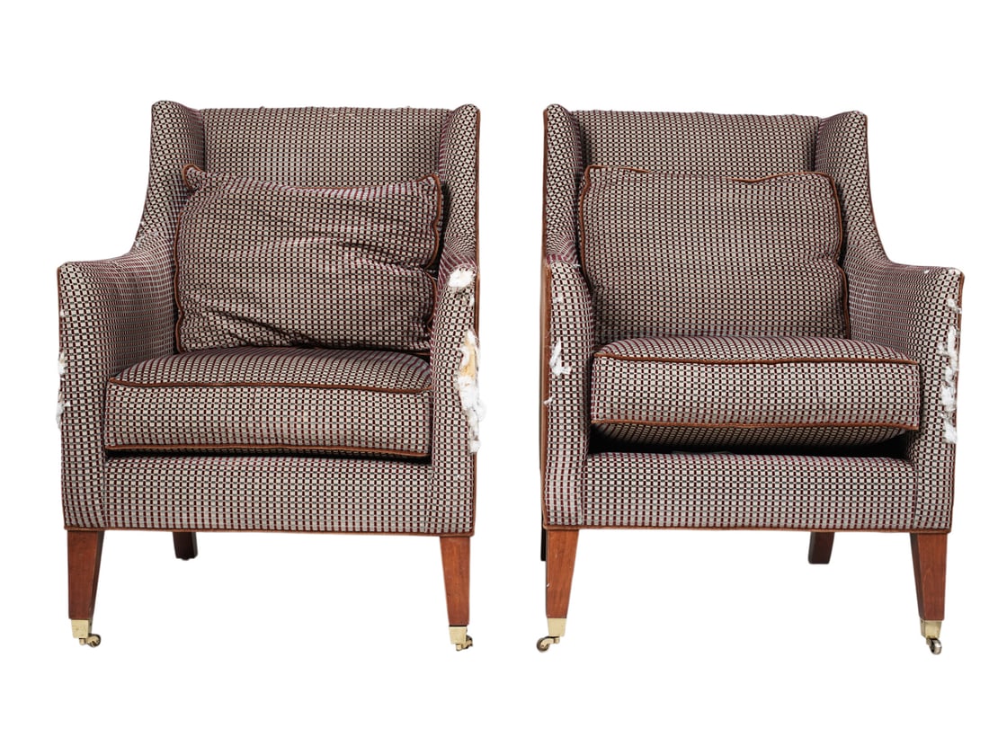 Pair of Baker Milling Road Upholstered Armchairs: with manufacturer's label; 40 x 29 x 31 in., Seat height: 20 in.