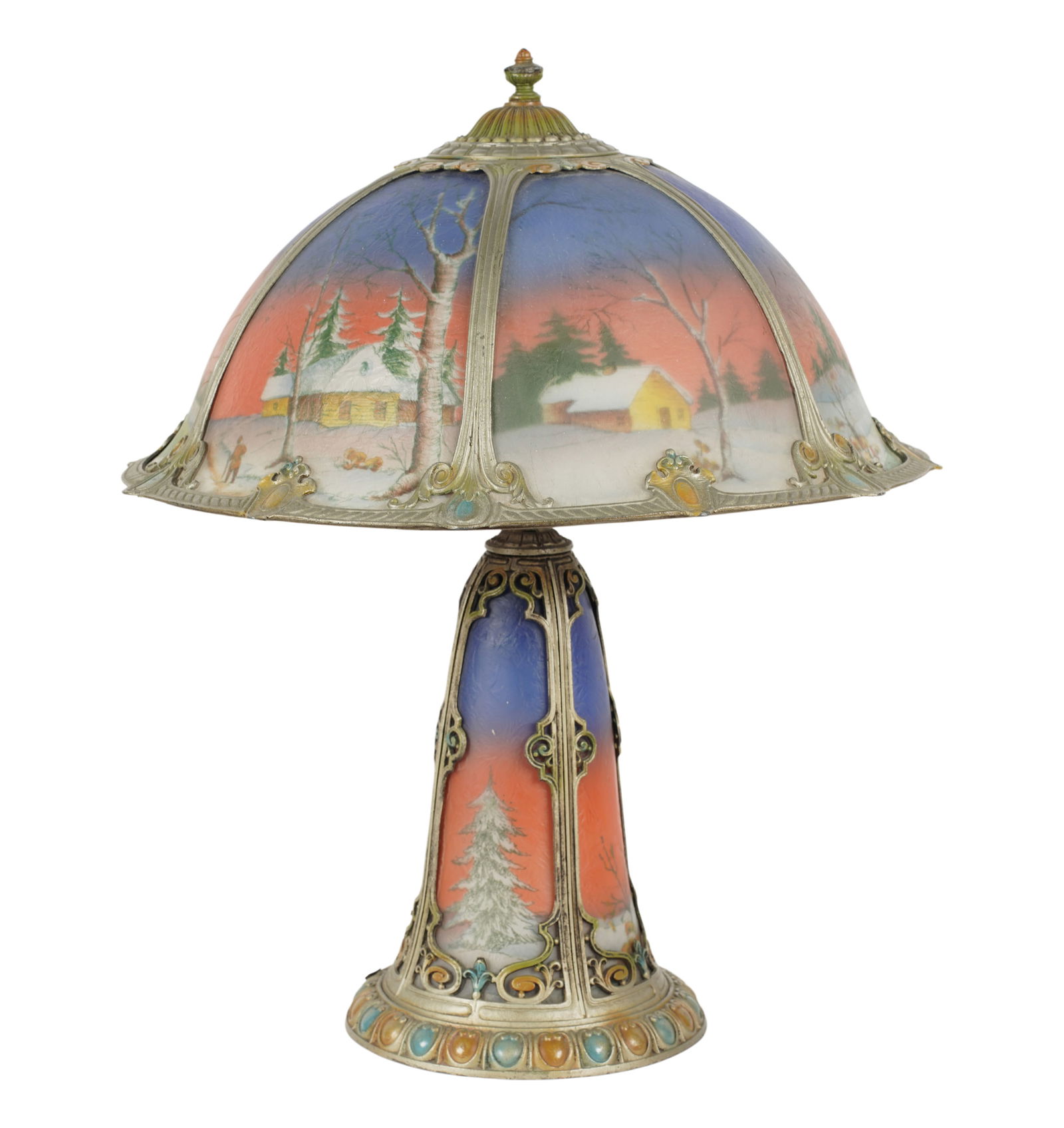 Miller Phoenix Winter Landscape Table Lamp: c. 1915-1920; reverse-painted textured glass, painted metal; depicting a figure approaching a cottage in a winter landscape, Overall: 26 x 19 in.
