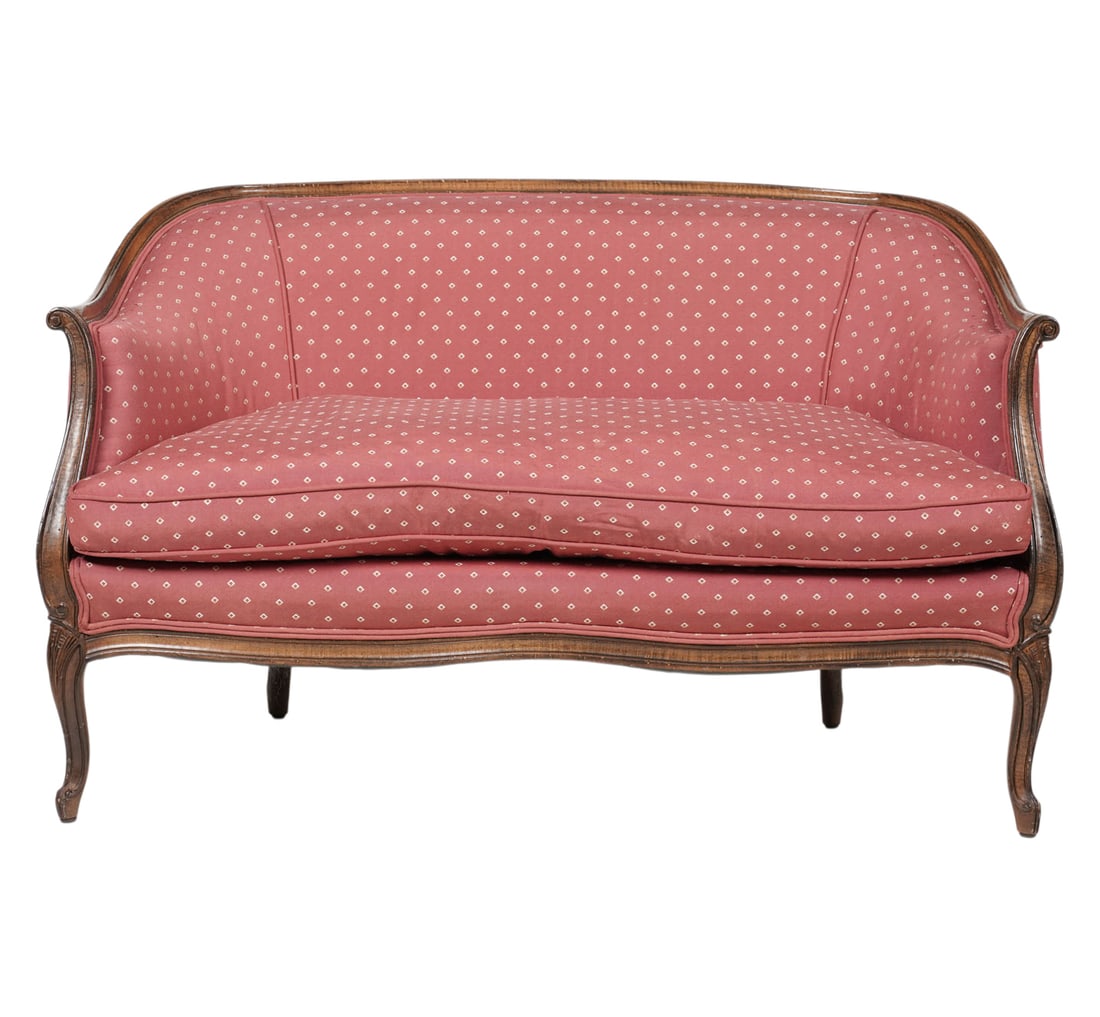 Louis XV-Style Settee: covered with red patterned fabric; 32 x 51 x 30 in.