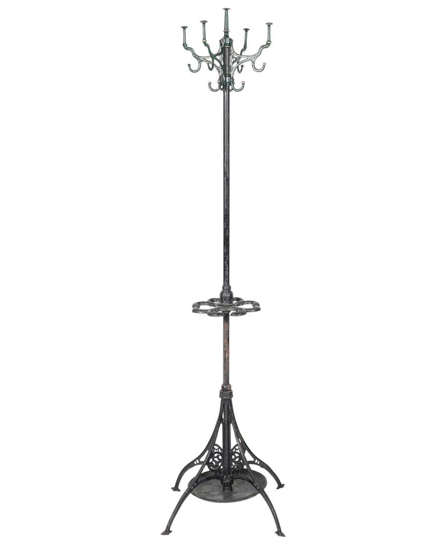 Victorian Painted Iron Hall Tree: in green, black and gilt; marked "Unbreakable" in casting to each leg, 67 x 22 in.