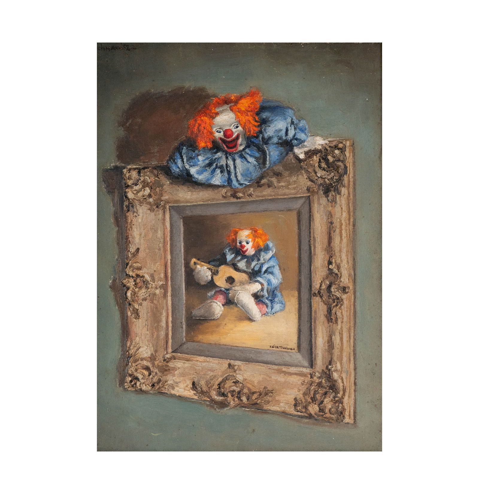 Edith Tuchman, American 20th century, Clown: oil signed, , Frame: 25 x 20 1/2 in. (63.5 x 52.1 cm.)