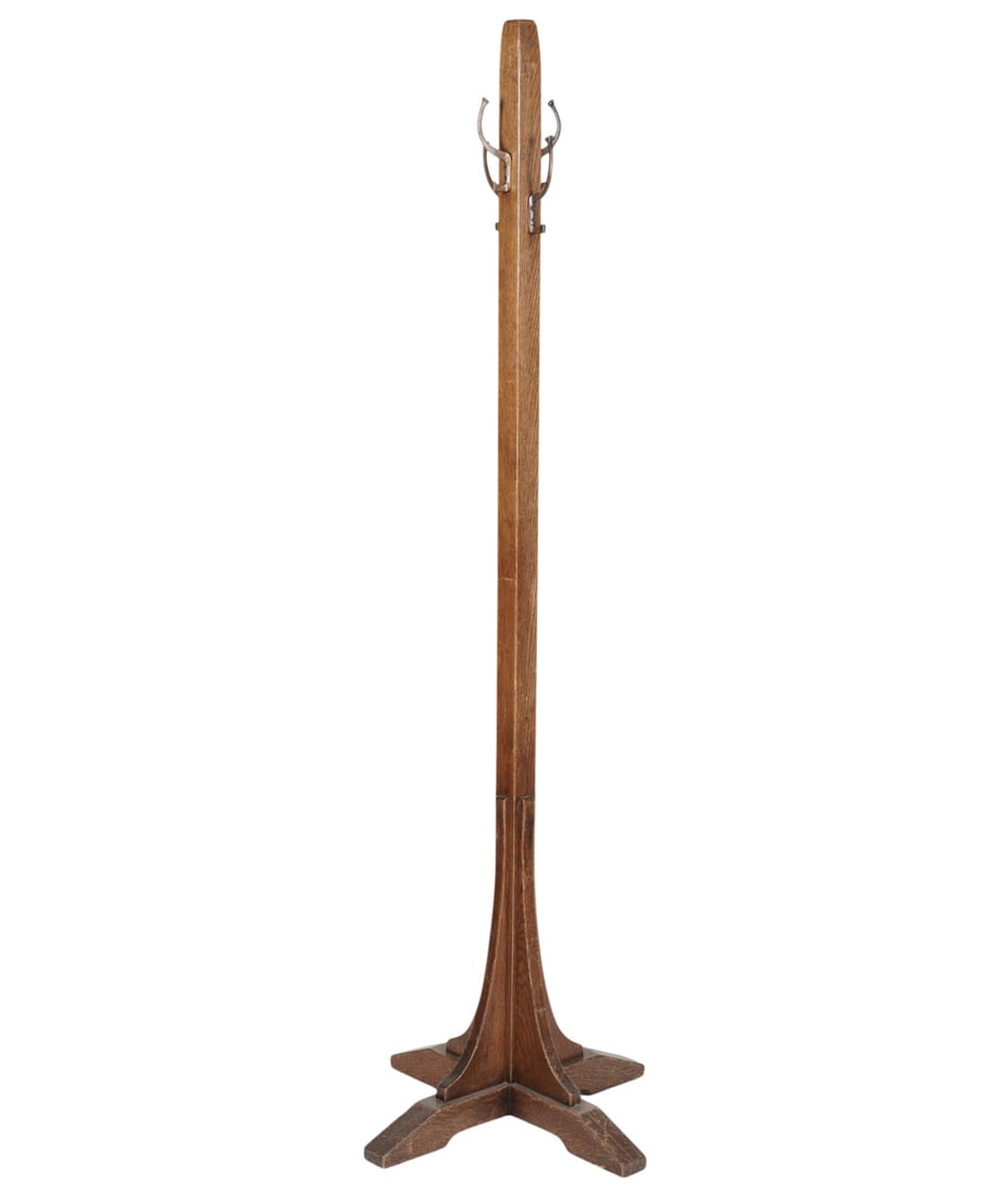 Stickley Oak Coat Rack: Manlius, NY, late 20th century; with four brass hooks; manufacturer's branded label to underside; 72 in. high