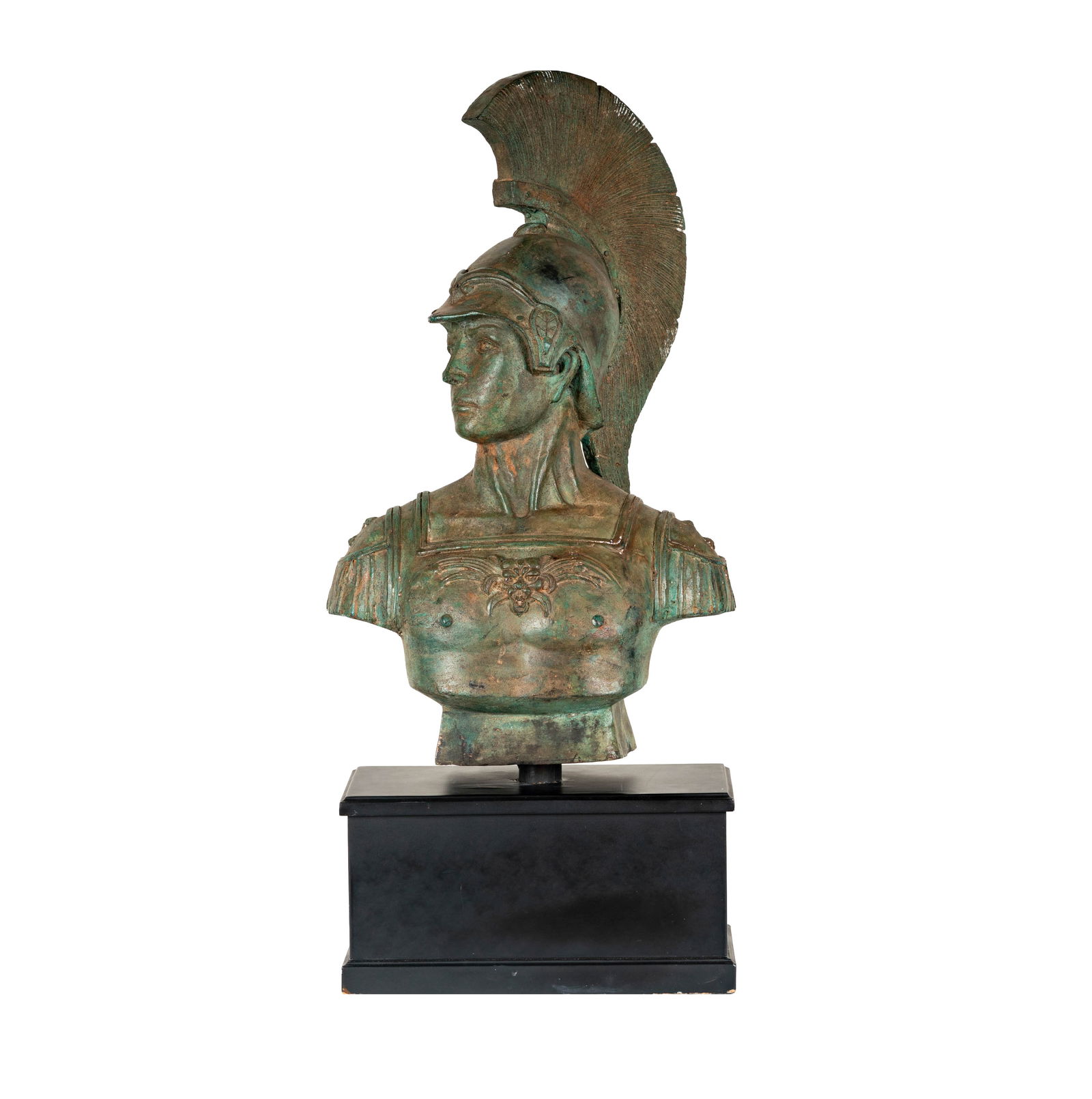 Patinated Metal Bust of a Roman Warrior: mounted to a wooden plinth, contemporary, unsigned, 25 x 14 in., overall: 32 x 14 in.