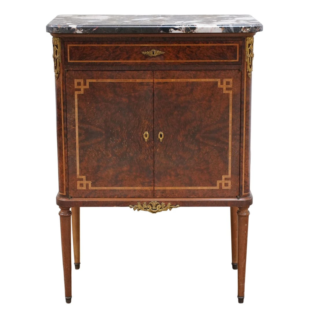 Inlaid Marble-Top Silver Cabinet: with gilt metal mounts and original key, 39 1/2 x 28 1/2 x 17 in.