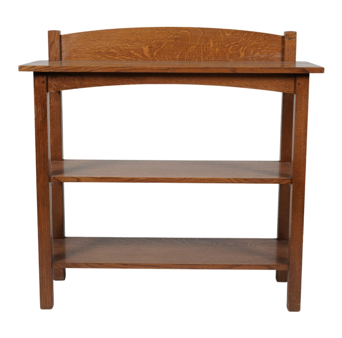 Stickley Oak Server: Manlius, NY, late 20th century; with manufacturer's branded and metal labels to underside of lowest shelf; 38 1/2 x 40 x 15 in.