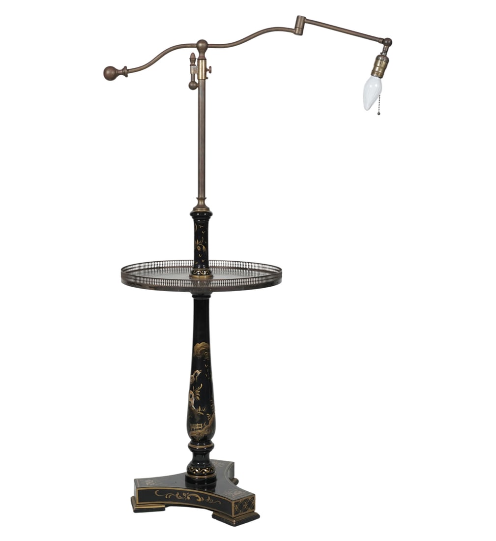 Chinoiserie Combination Floor Lamp Table: the articulated lamp arm rising from a round table painted in black and gilt to mimic lacquer, with pierced metal gallery, Overall: 50 in. high, Table: 24 1/2 x 16 in.