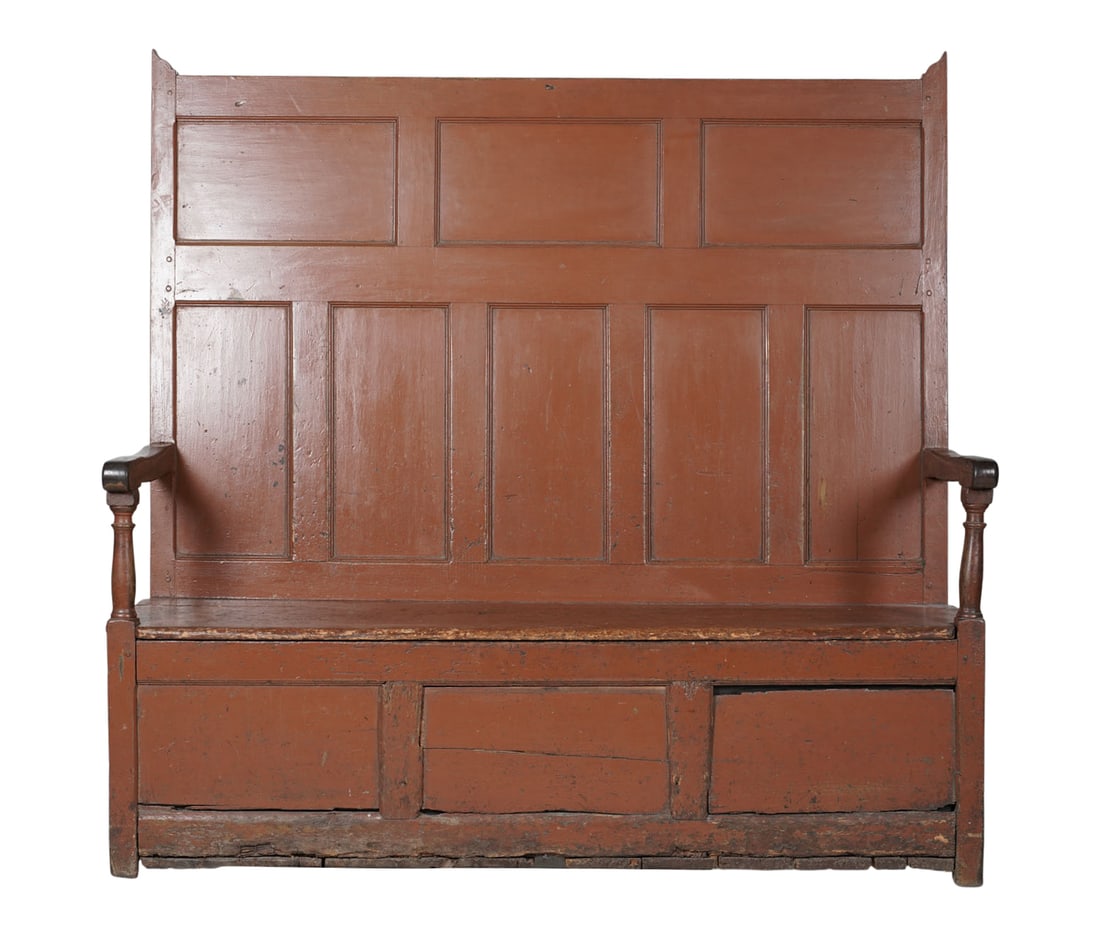 English Painted Settle: with hinged seat; 58 1/2 x 61 x 20 in., Seat height: 18 in.