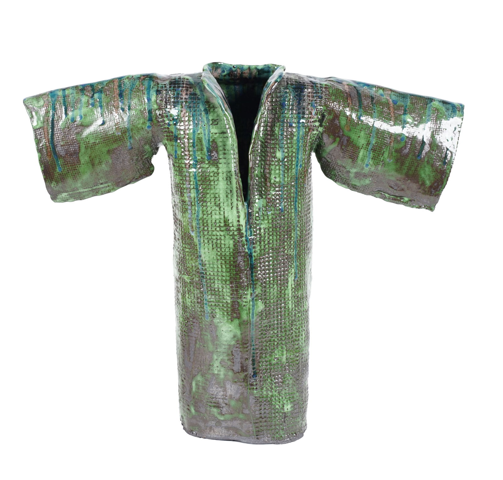 A Contemporary Green-Glazed Ceramic Sculpture: depicting a robe or kimono; unsigned; 21 x 25 x 5 in.