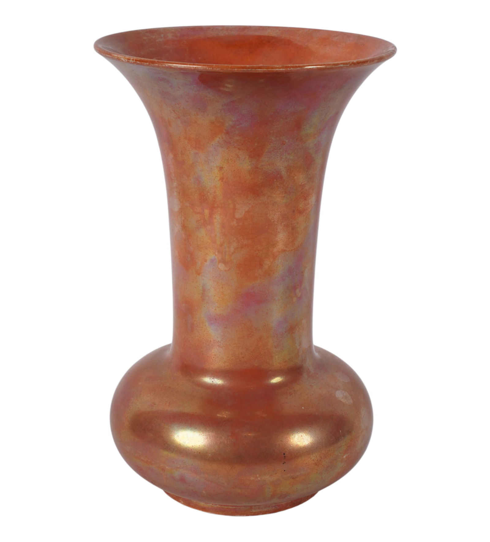 Ruskin Orange Lustreware Pottery Vase: 1917; impressed to underside "Ruskin", "England" and "1917", 9 x 5 3/4 in.