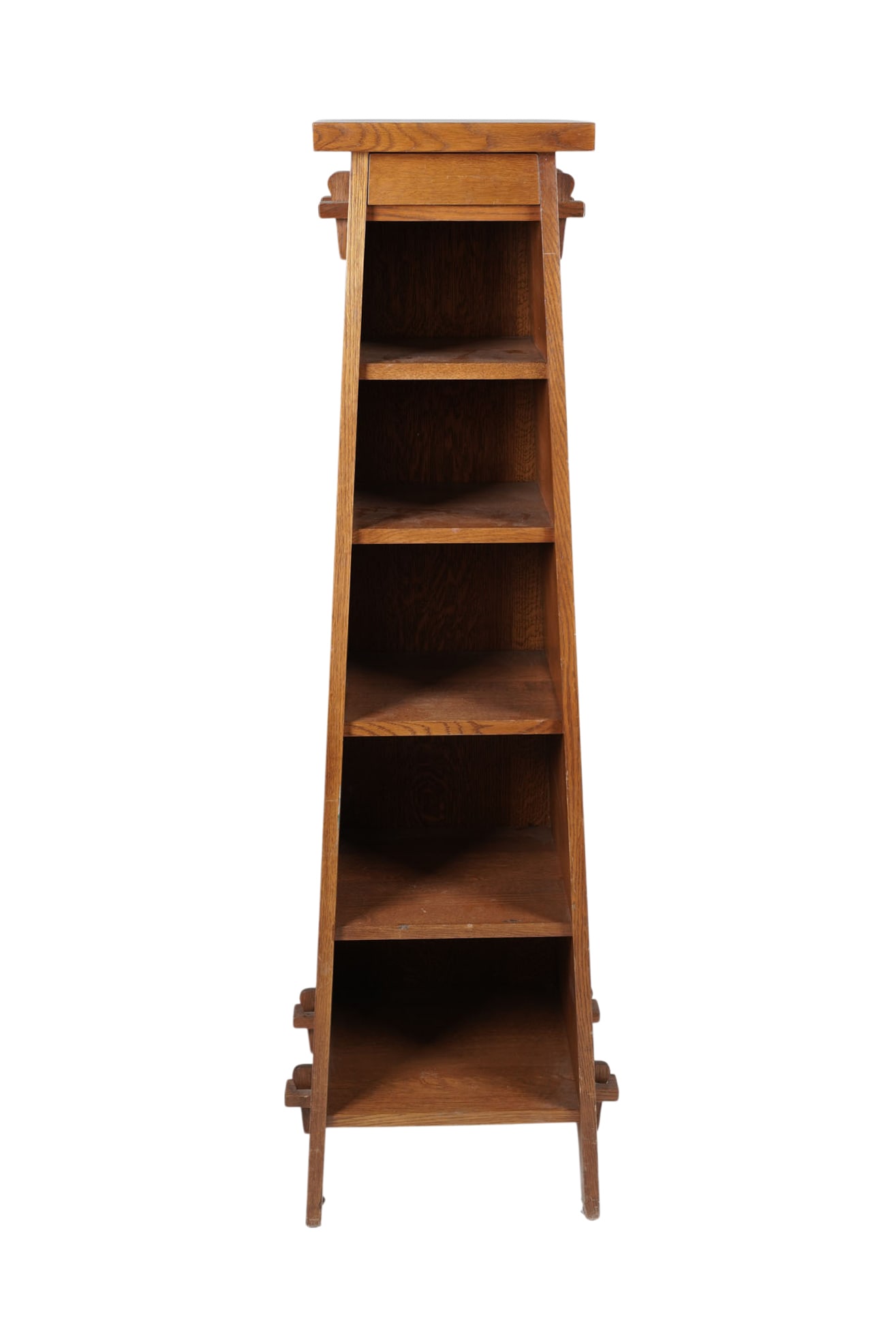 Stickley Roycroft Oak Magazine Pedestal: Manlius, NY, late 20th century; with Roycroft "orb" carved to each side panel; manufacturer's branded and metal labels to underside of lowest shelf; 63 1/2 x 20 x 18 in.