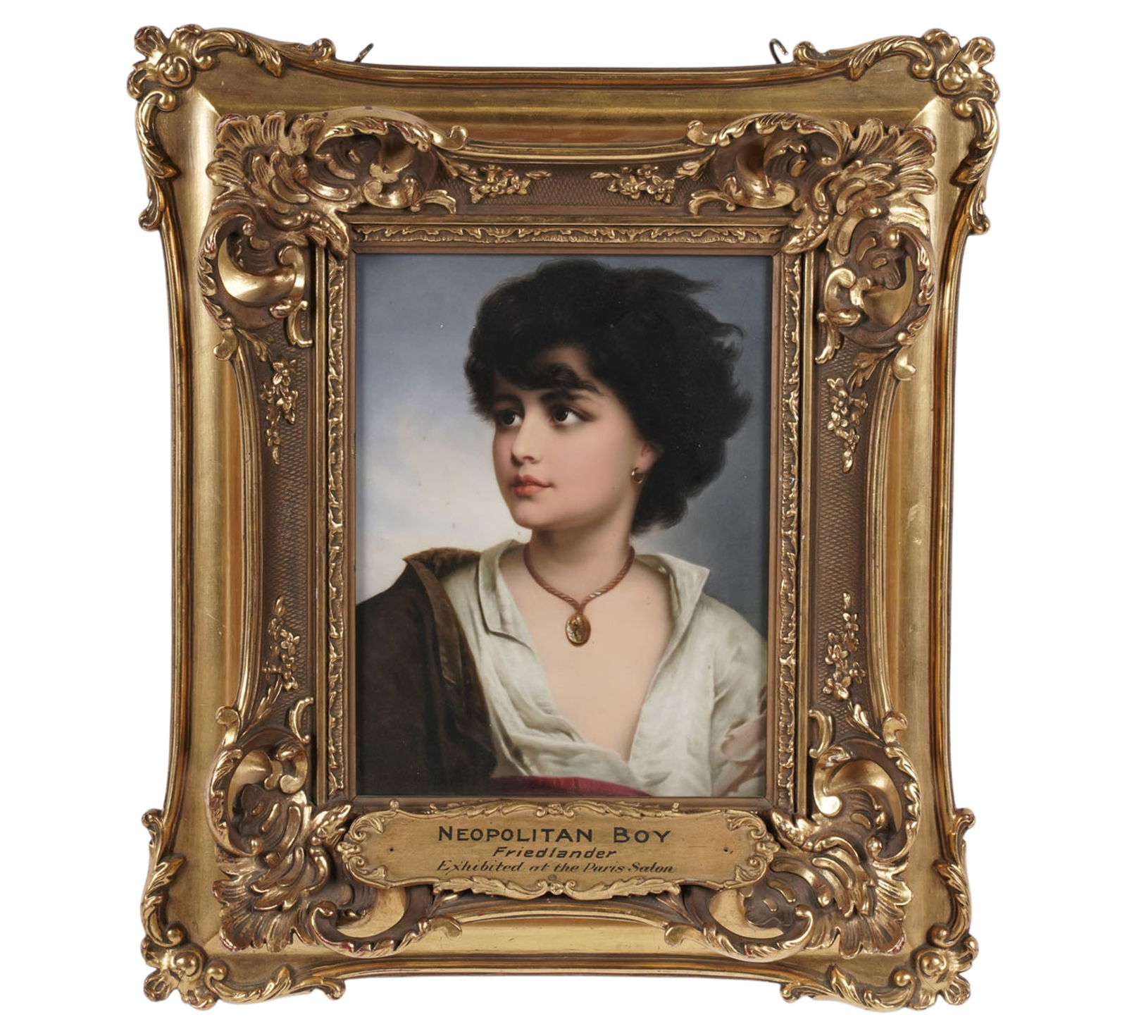 Berlin / KPM Porcelain Plaque, Neopolitan Boy After Friedlander: impressed mark "[sceptre] K.P.M." and further impressed "H"sight: 9 1/4 x 7 in. frame: 17 x 14 1/2 in.