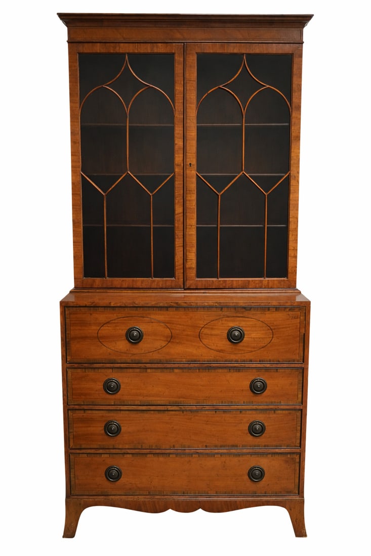 Baker Georgian-Style Secretary: in two parts; with manufacturer's metal label to drawer interior, Overall: 82 x 39 x 17.5 in.