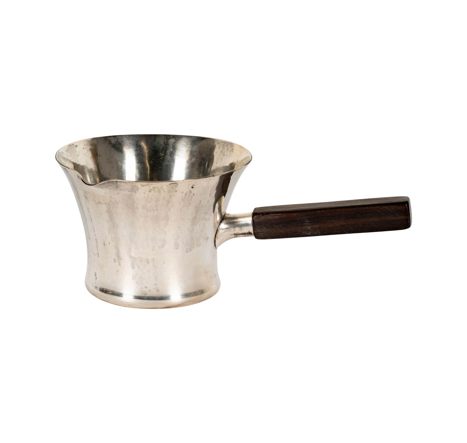 Porter Blanchard Hammered Sterling Sauce Pot: Burbank, California, after 1923; with wooden handle; with maker's marks and further marked "Sterling", Approximately 223 grams gross , 3 x 4 1/4 in.